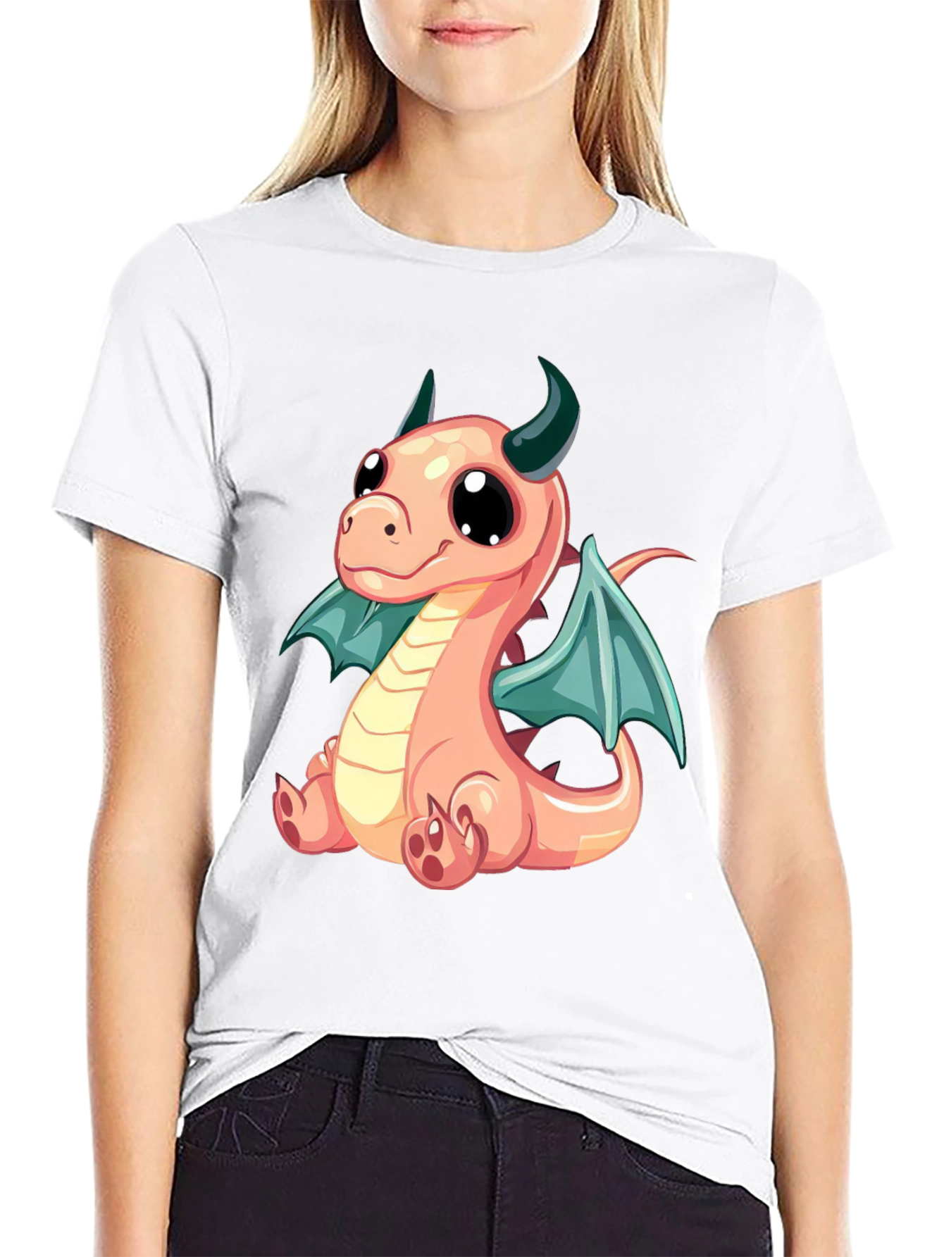Cute Dragon Cartoon Print Black T-Shirt