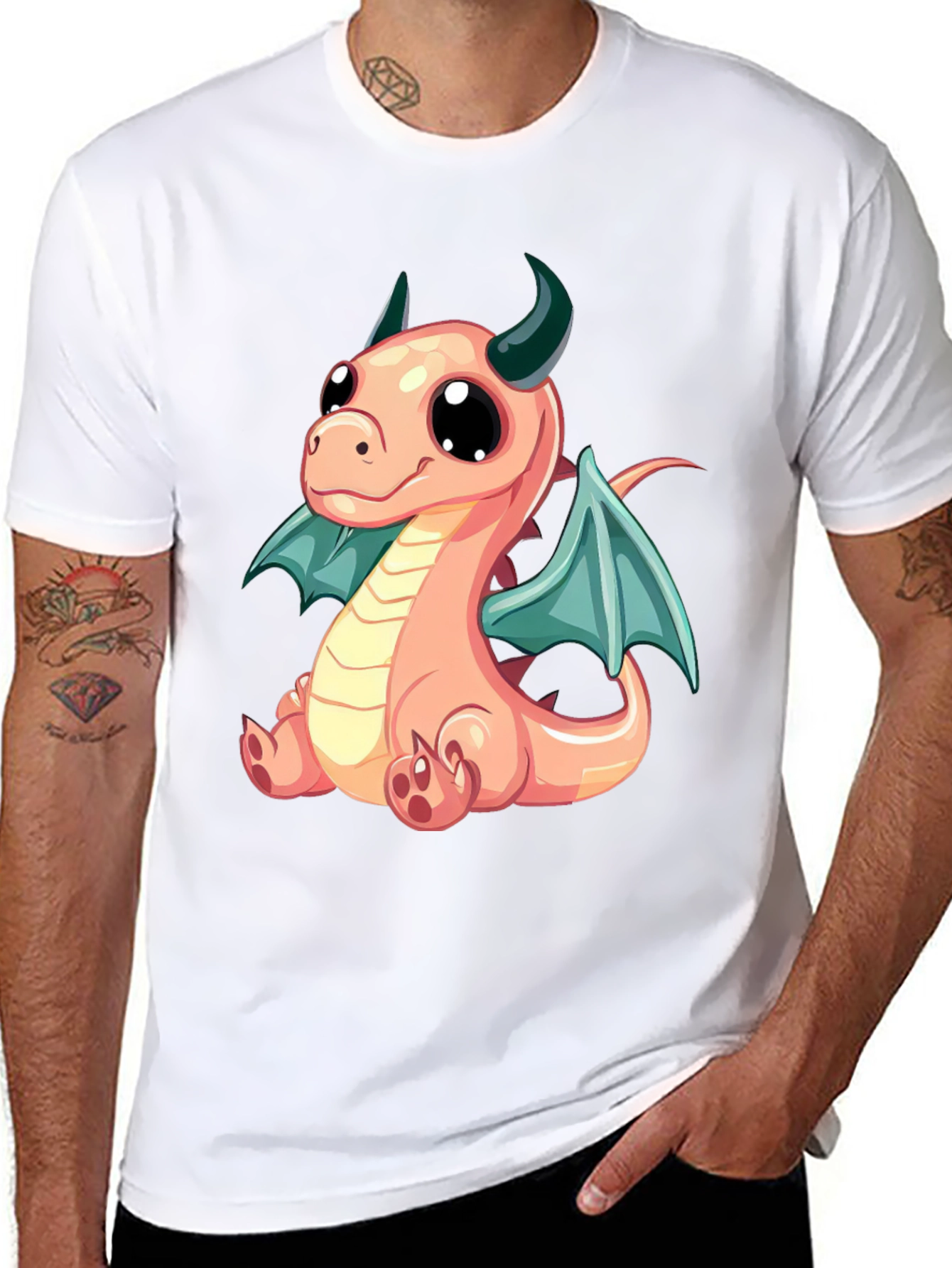 Cute Dragon Cartoon Print Black T-Shirt