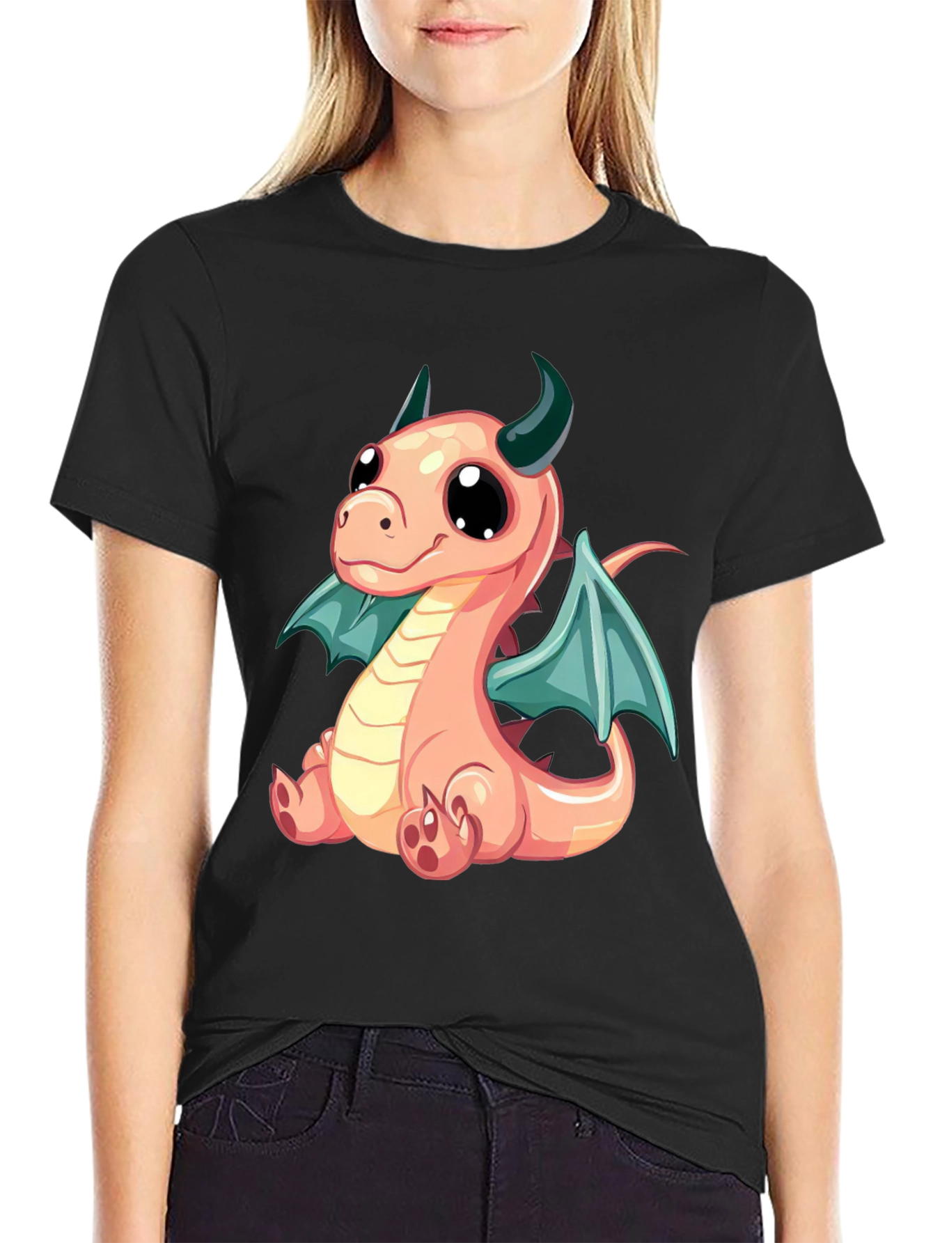 Cute Dragon Cartoon Print Black T-Shirt