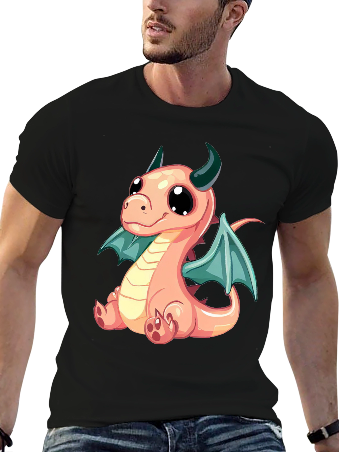 Cute Dragon Cartoon Print Black T-Shirt