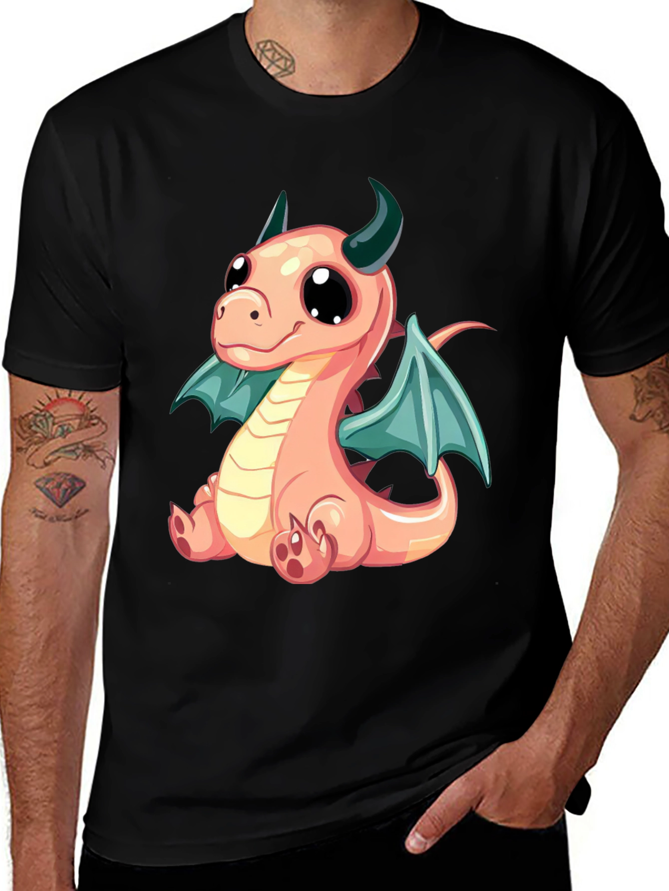 Cute Dragon Cartoon Print Black T-Shirt