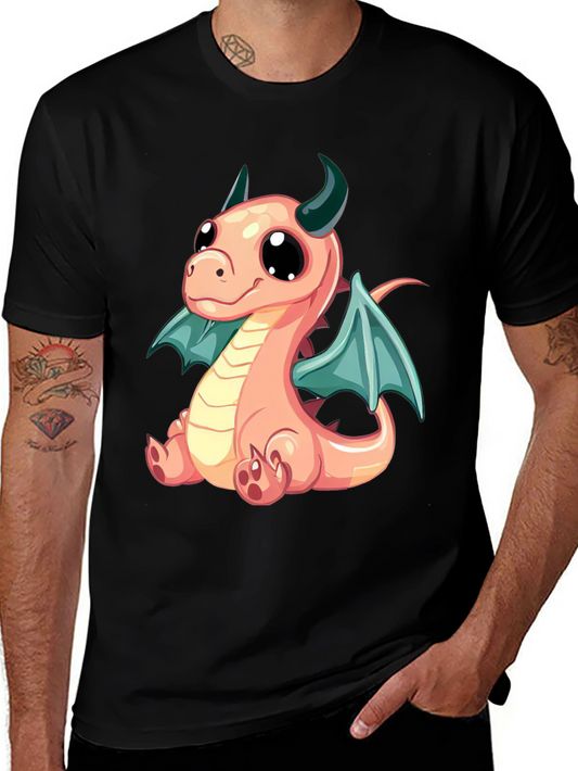 Cute Dragon Cartoon Print Black T-Shirt