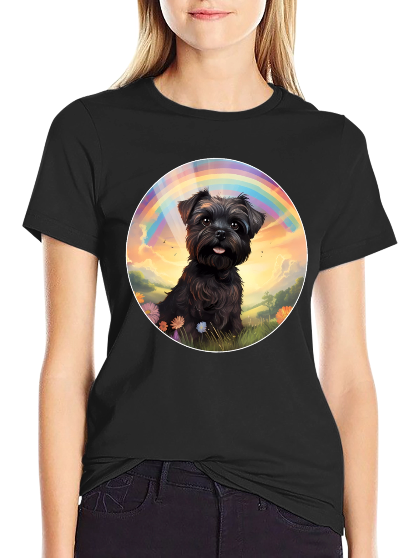 Dog Rainbow Graphic Tee - Black Cotton Blend