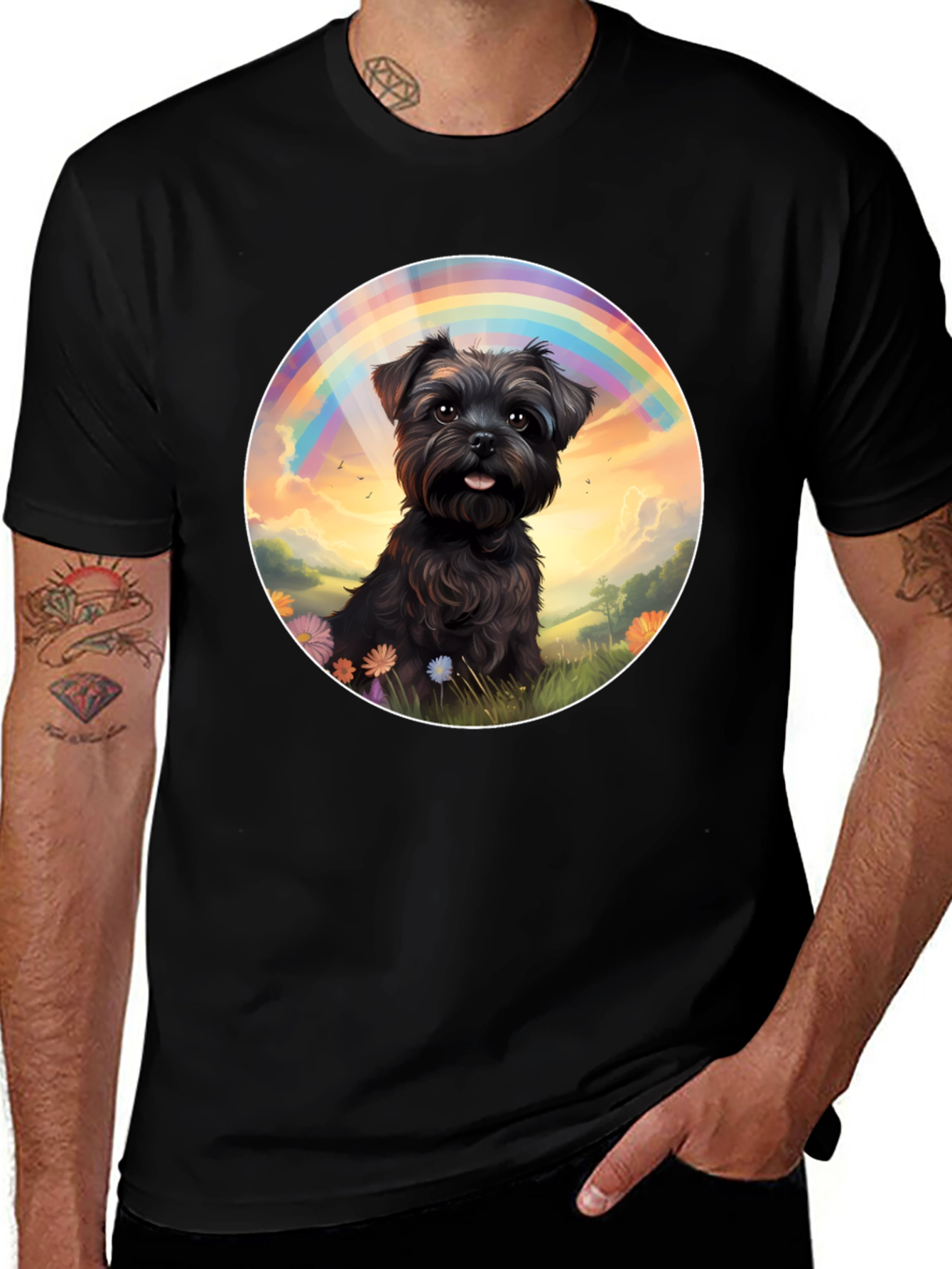 Dog Rainbow Graphic Tee - Black Cotton Blend