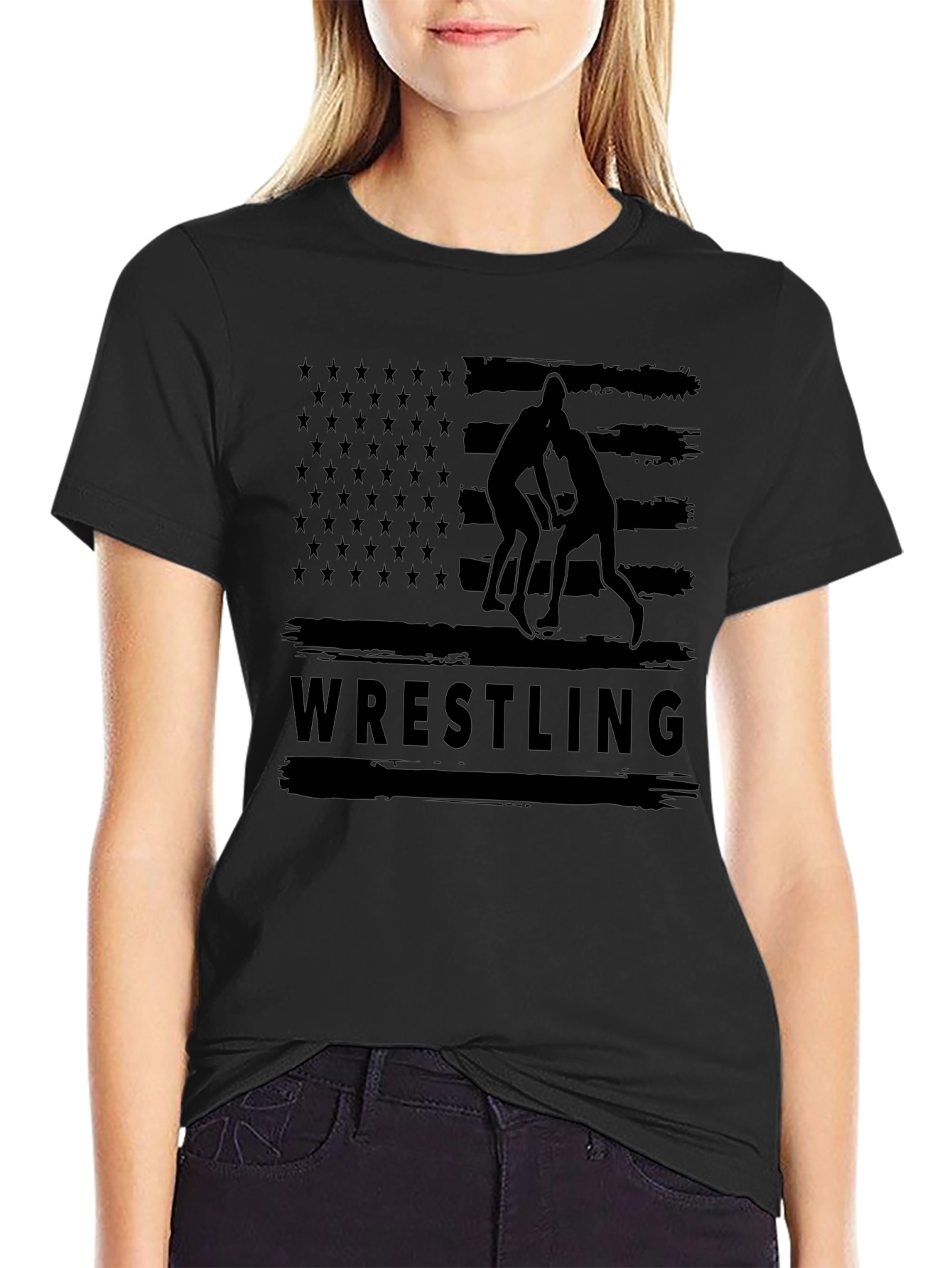 Wrestling USA Flag Black T-Shirt
