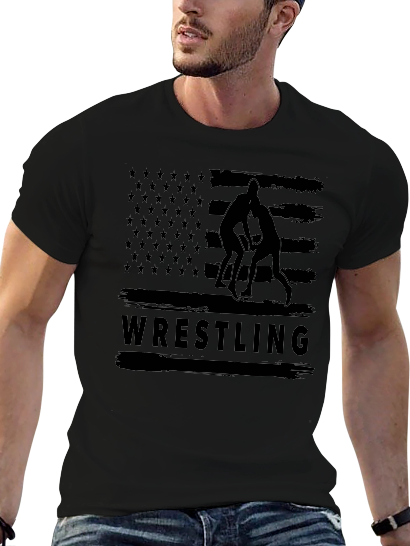Wrestling USA Flag Black T-Shirt