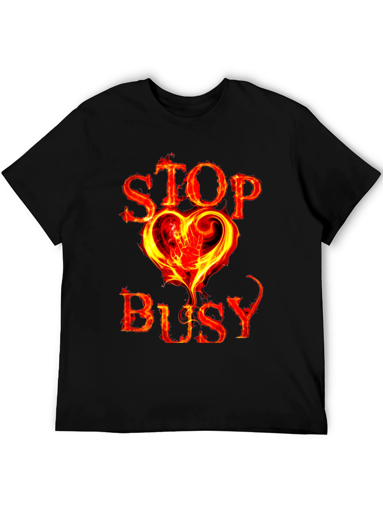 Stop Busy Flaming Heart Graphic Black Tee