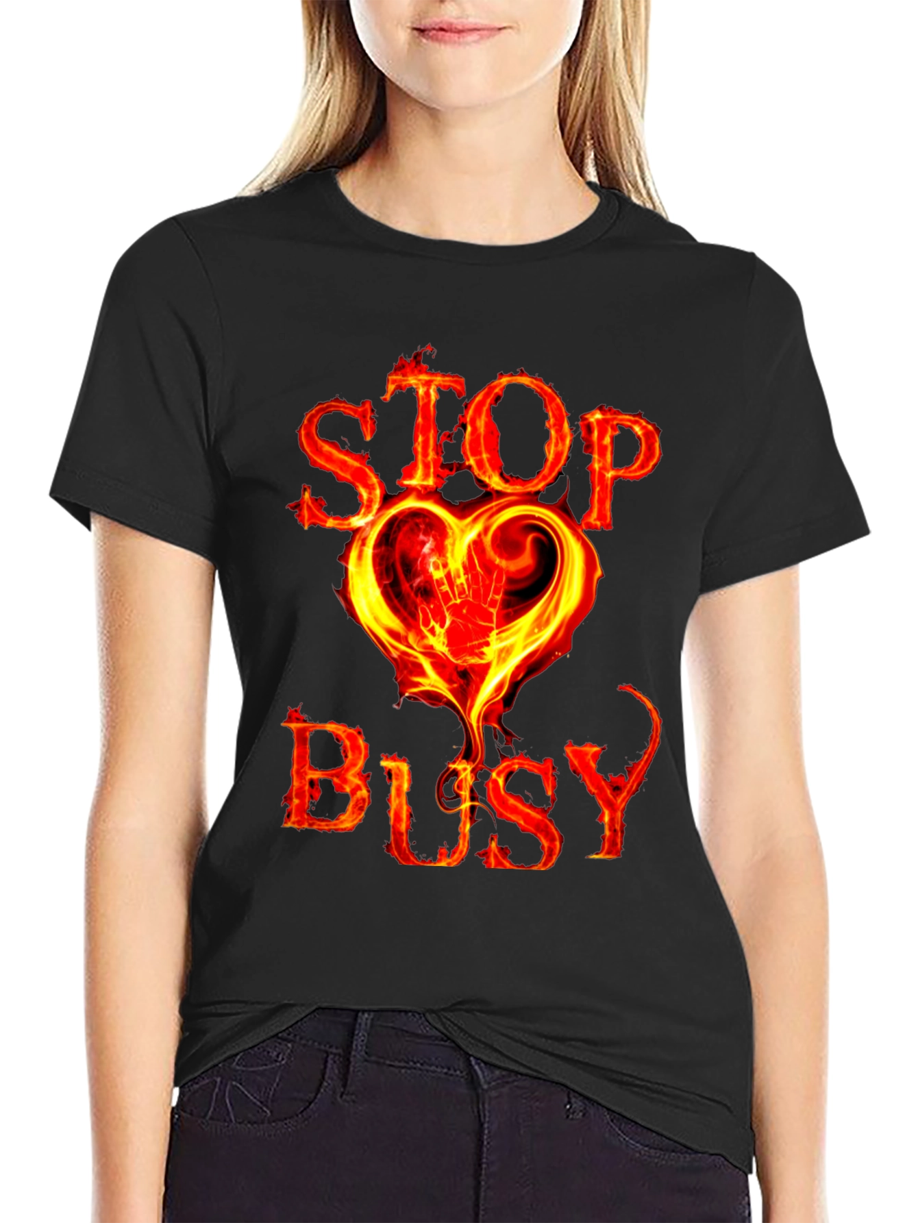 Stop Busy Flaming Heart Graphic Black Tee
