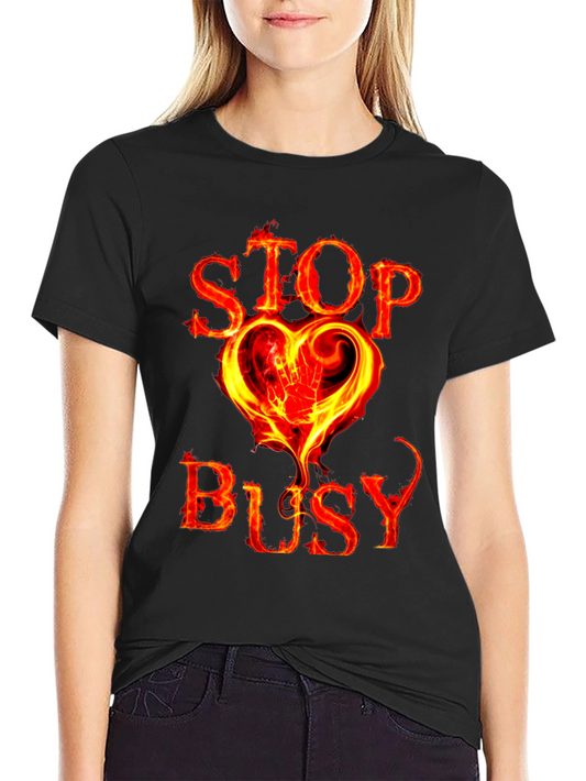 Stop Busy Flaming Heart Graphic Black Tee
