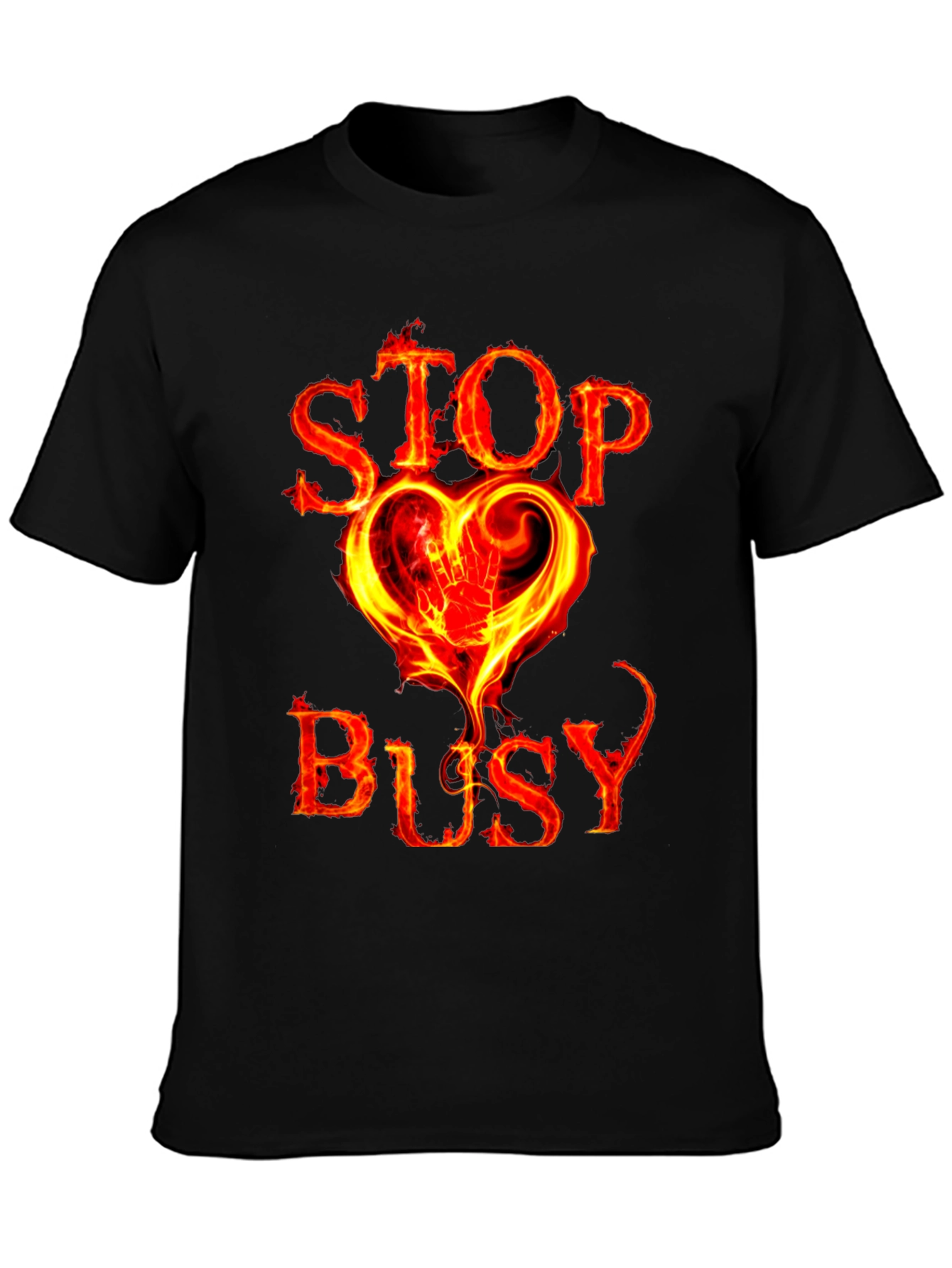 Stop Busy Flaming Heart Graphic Black Tee