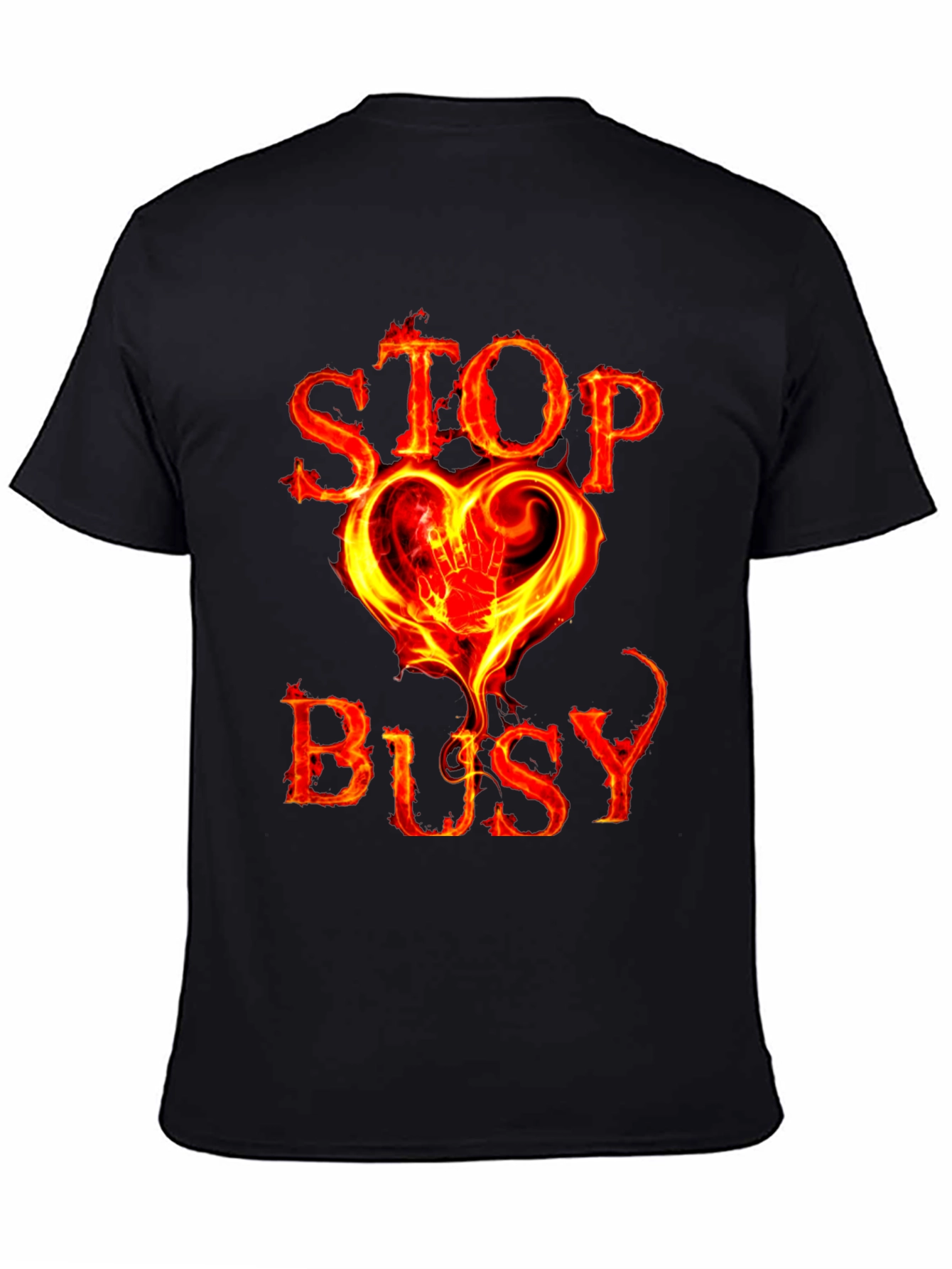 Stop Busy Flaming Heart Graphic Black Tee