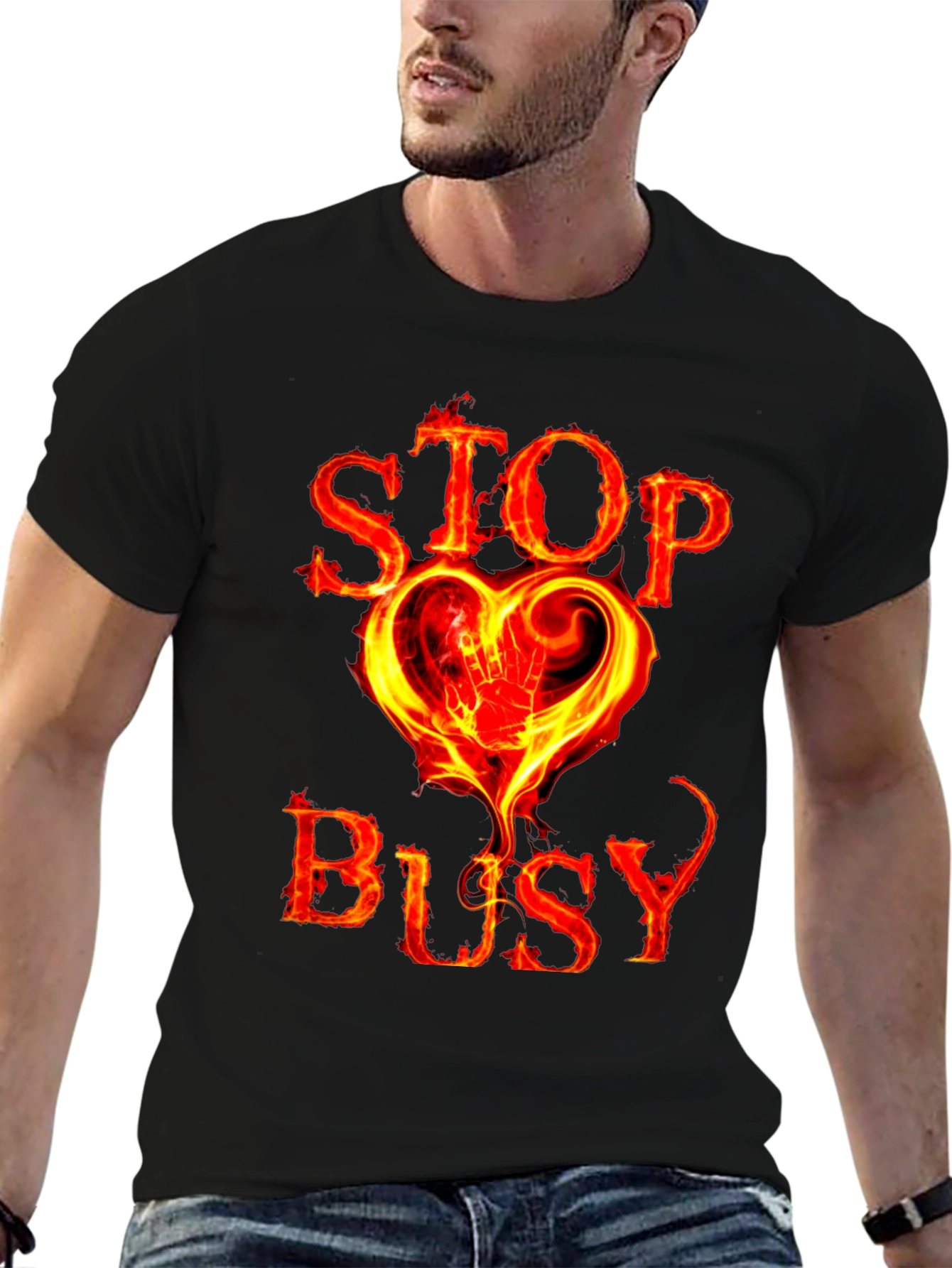 Stop Busy Flaming Heart Graphic Black Tee