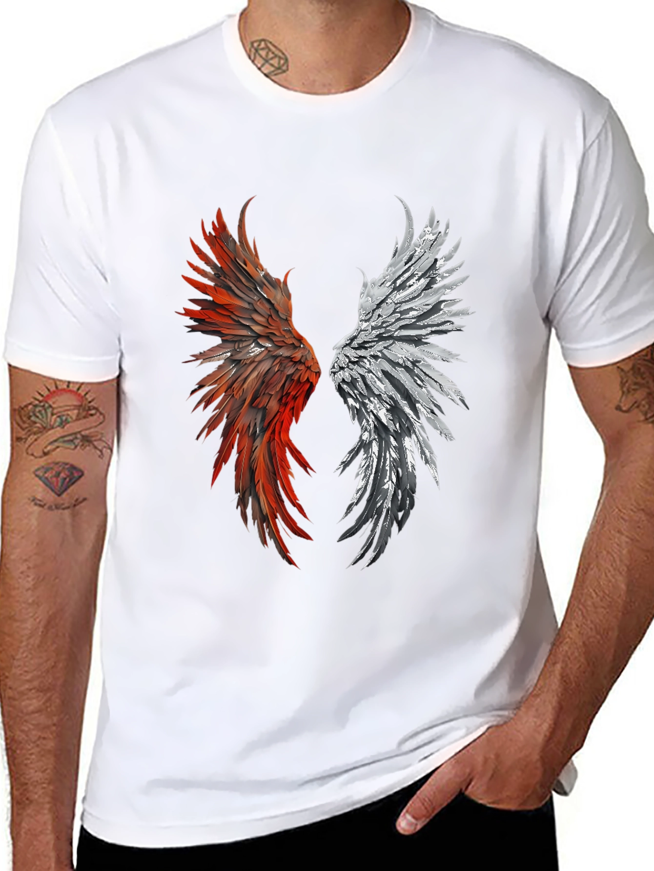 Winged Graphic T-Shirt - Red & Silver Feather Design