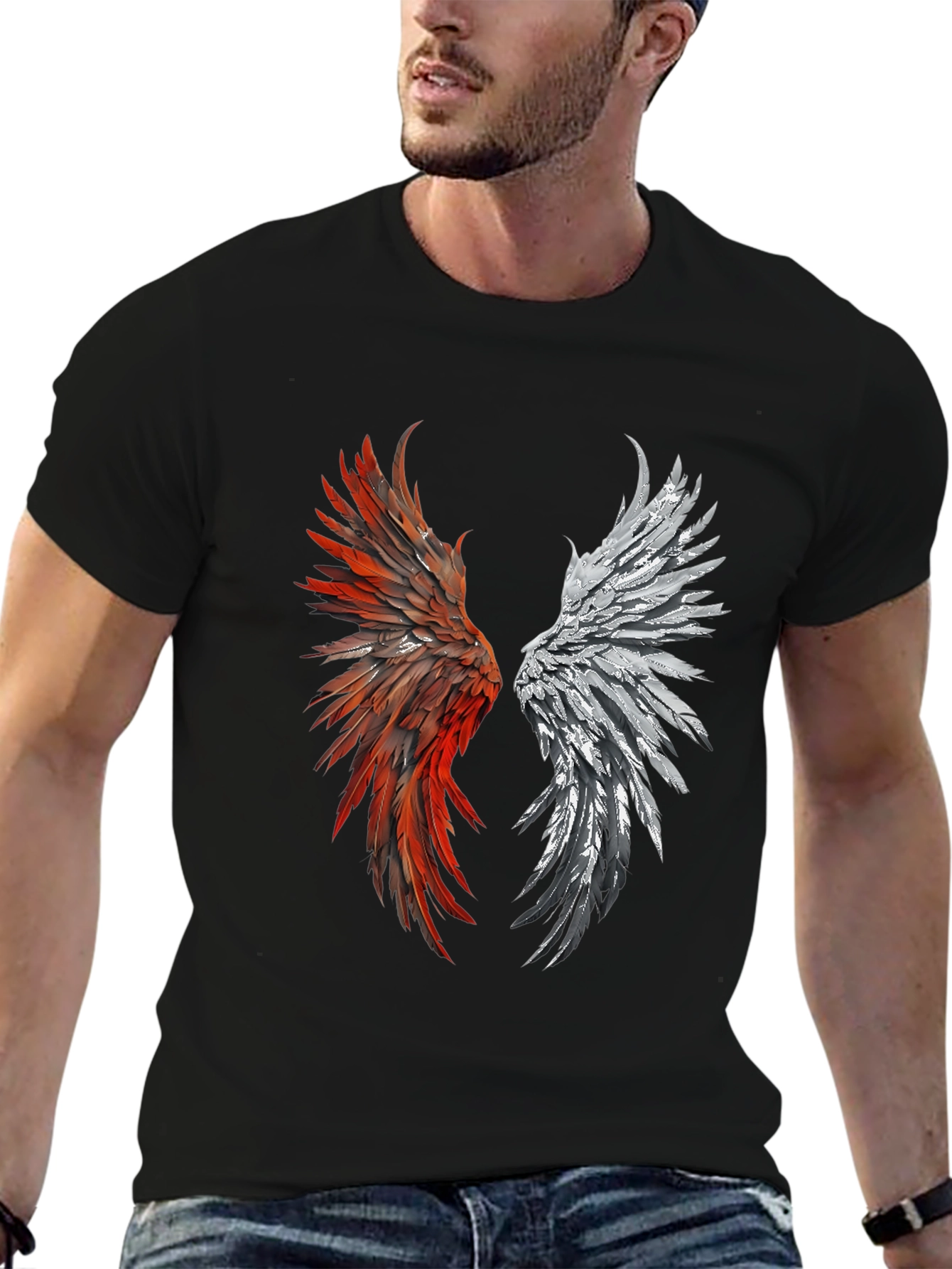 Winged Graphic T-Shirt - Red & Silver Feather Design