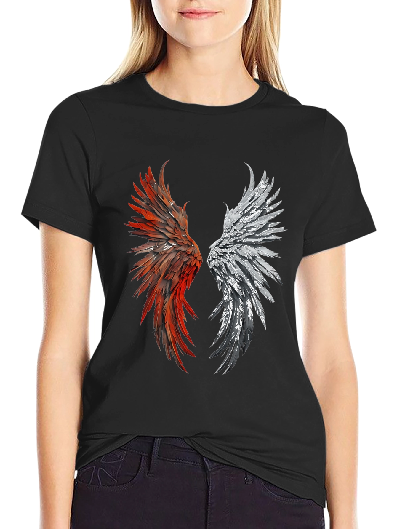 Winged Graphic T-Shirt - Red & Silver Feather Design
