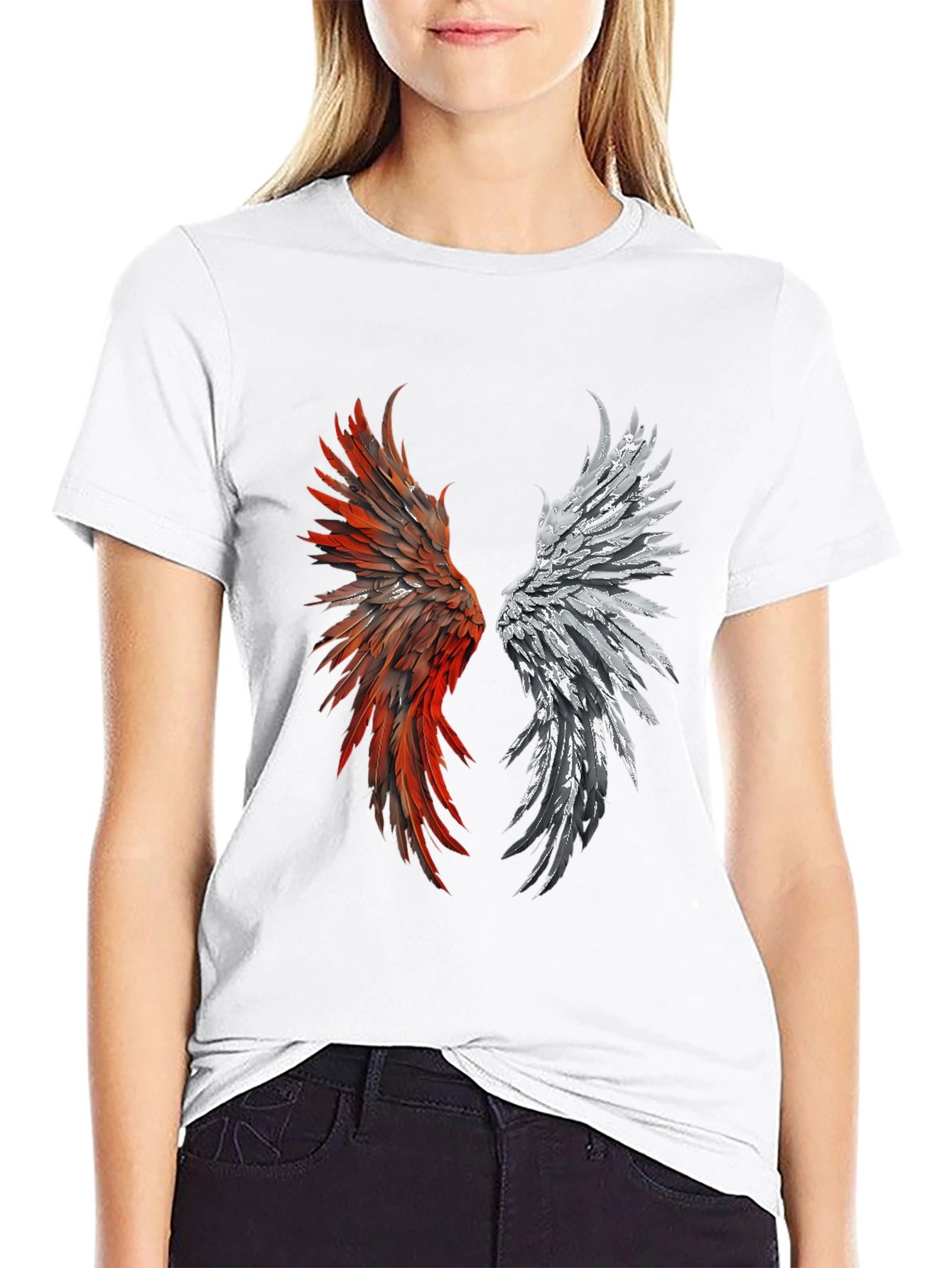 Winged Graphic T-Shirt - Red & Silver Feather Design