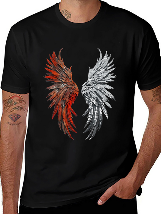 Winged Graphic T-Shirt - Red & Silver Feather Design