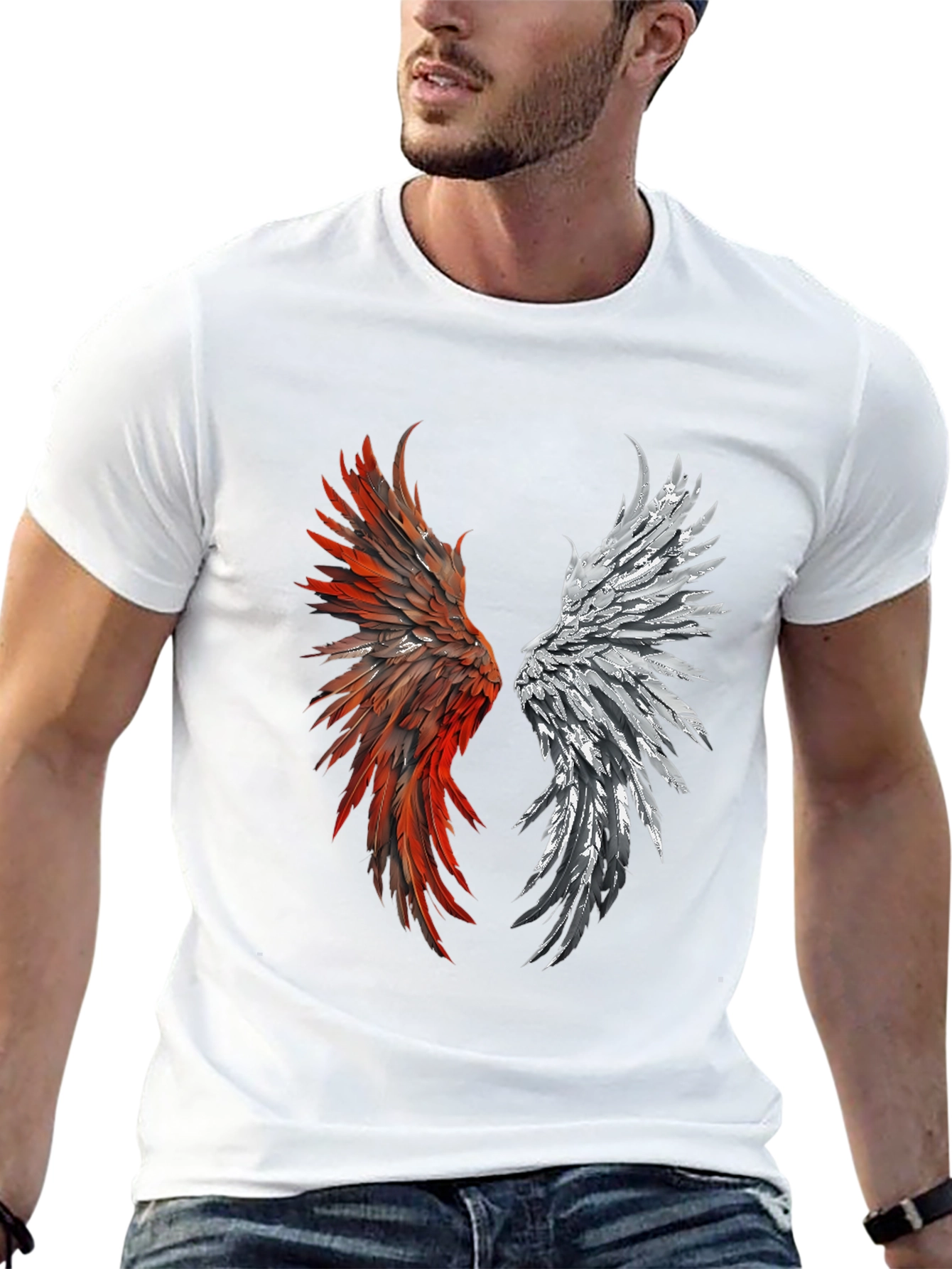 Winged Graphic T-Shirt - Red & Silver Feather Design