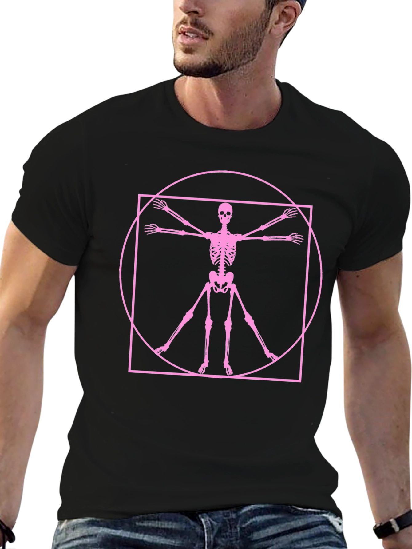 Skeleton Vitruvian Man Graphic Tee - Black Cotton Shirt