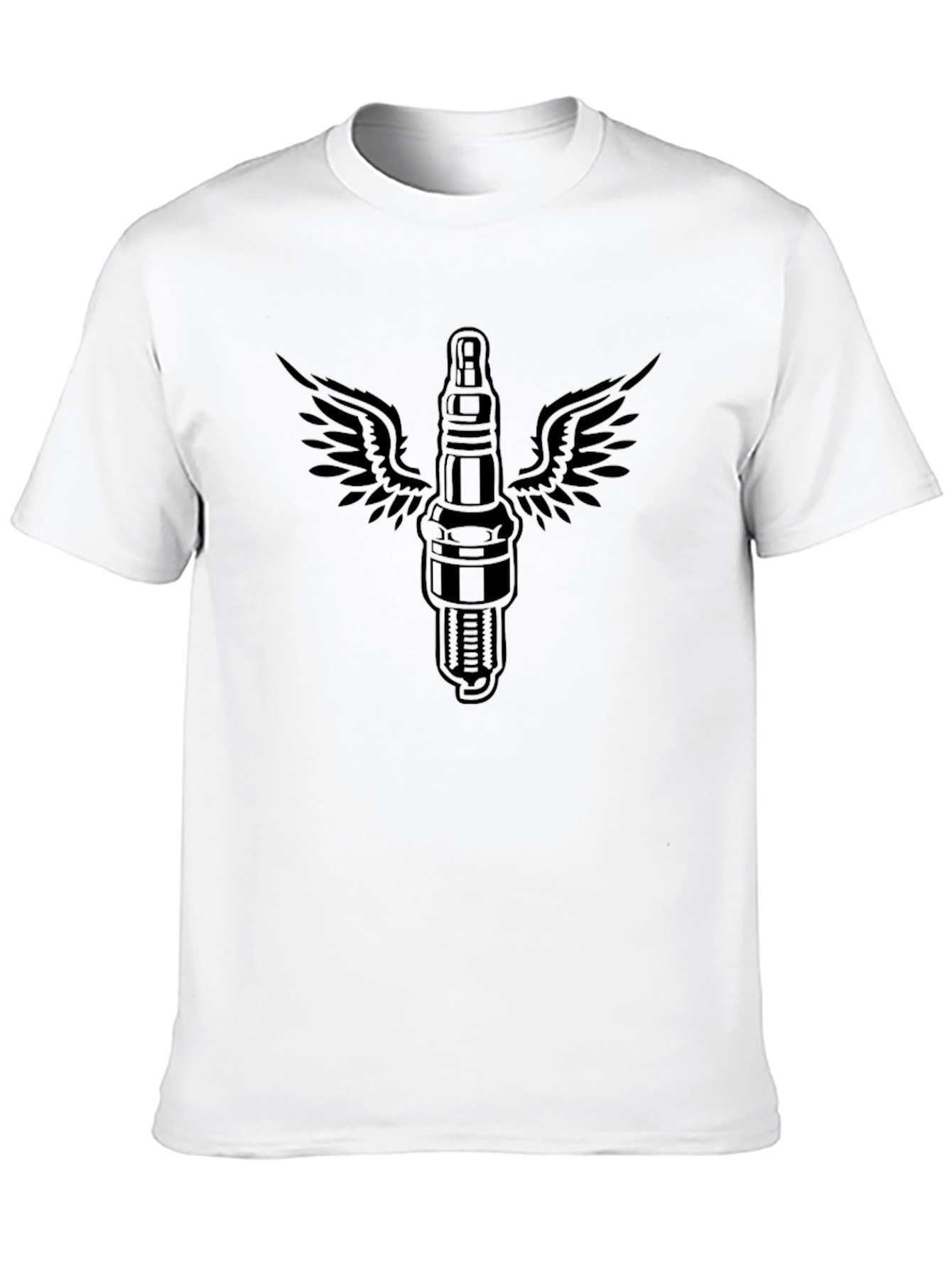 Mens Black T-Shirt with Flying Spark Plug Graphic
