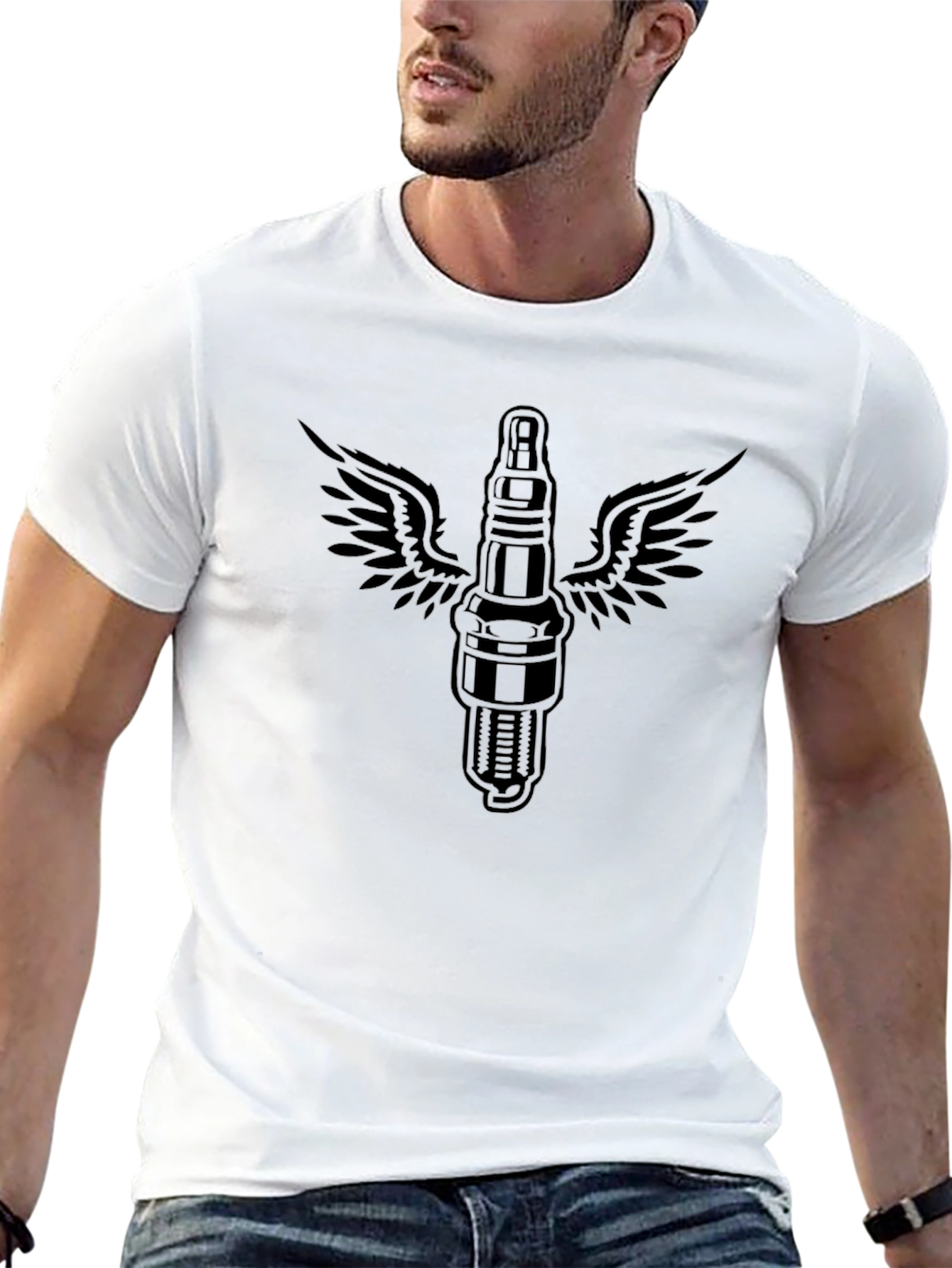 Mens Black T-Shirt with Flying Spark Plug Graphic