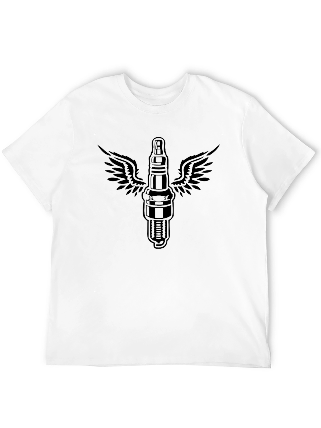 Mens Black T-Shirt with Flying Spark Plug Graphic