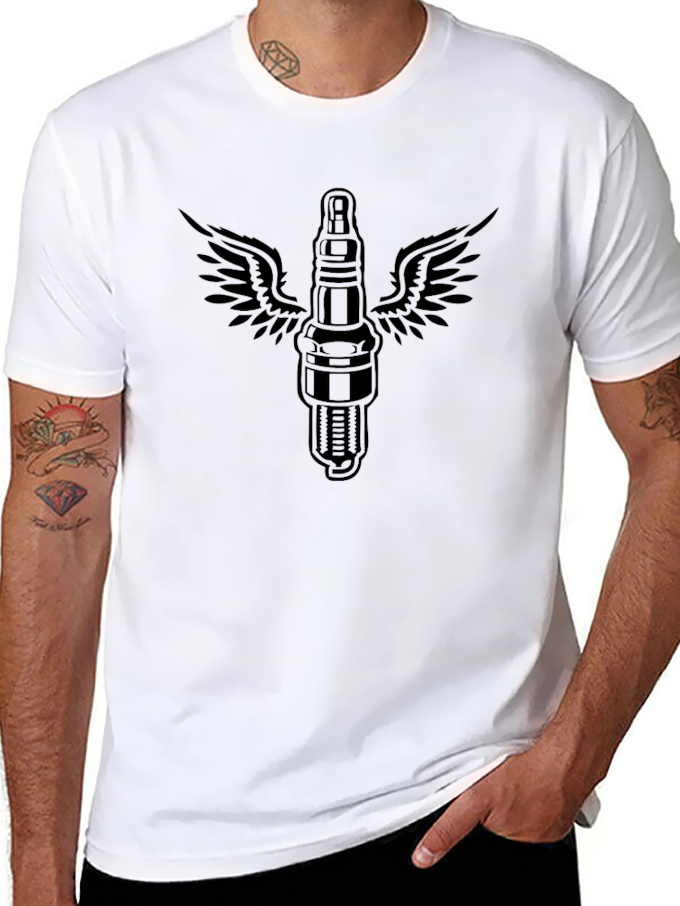 Mens Black T-Shirt with Flying Spark Plug Graphic
