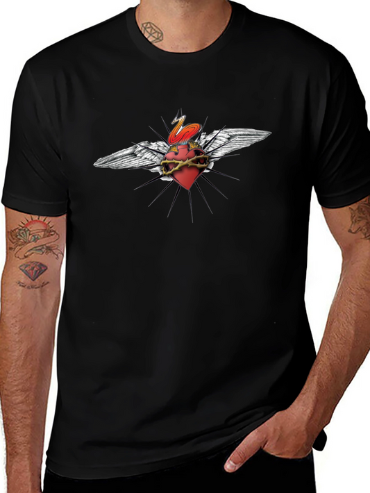 Edgy Heart & Wings Graphic Print Black T-Shirt