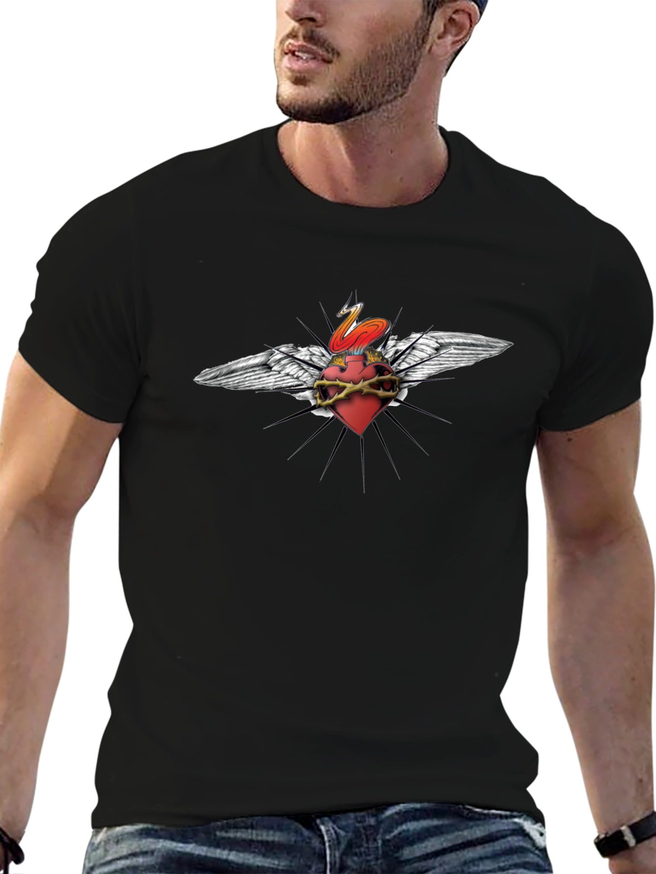 Edgy Heart & Wings Graphic Print Black T-Shirt