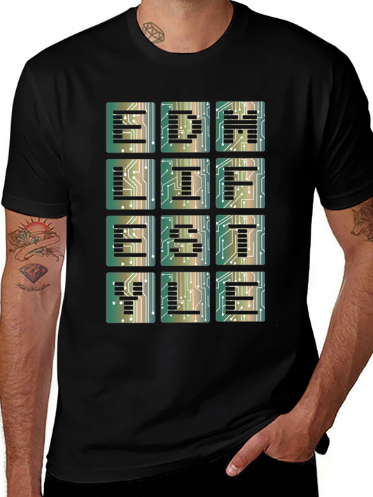 Electronic Circuit Board Letter Print Black T-Shirt