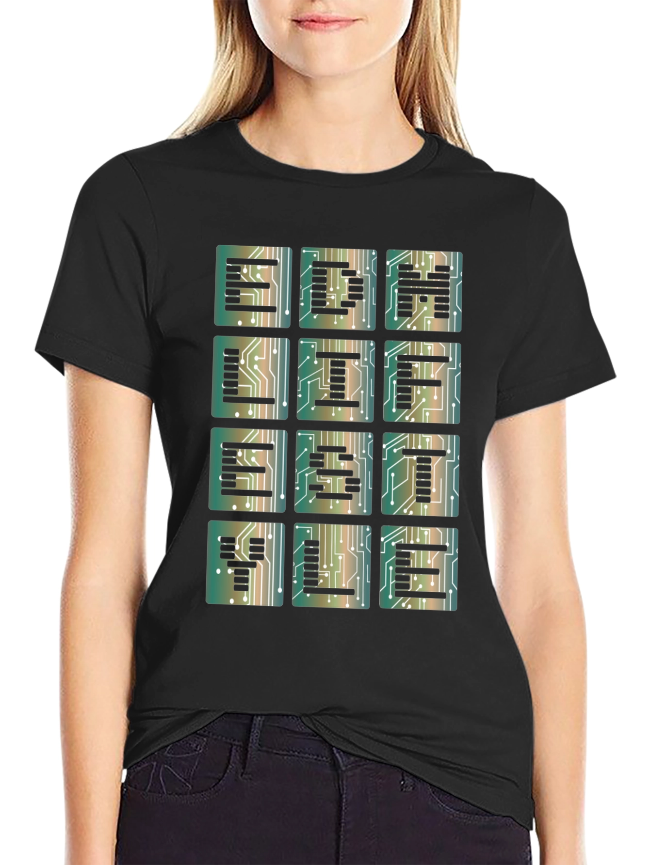 Electronic Circuit Board Letter Print Black T-Shirt