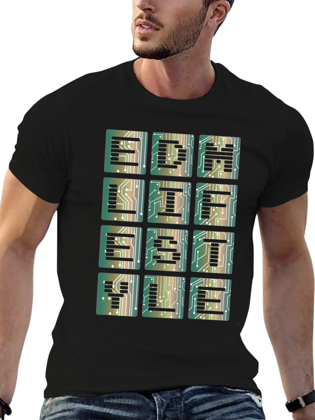 Electronic Circuit Board Letter Print Black T-Shirt