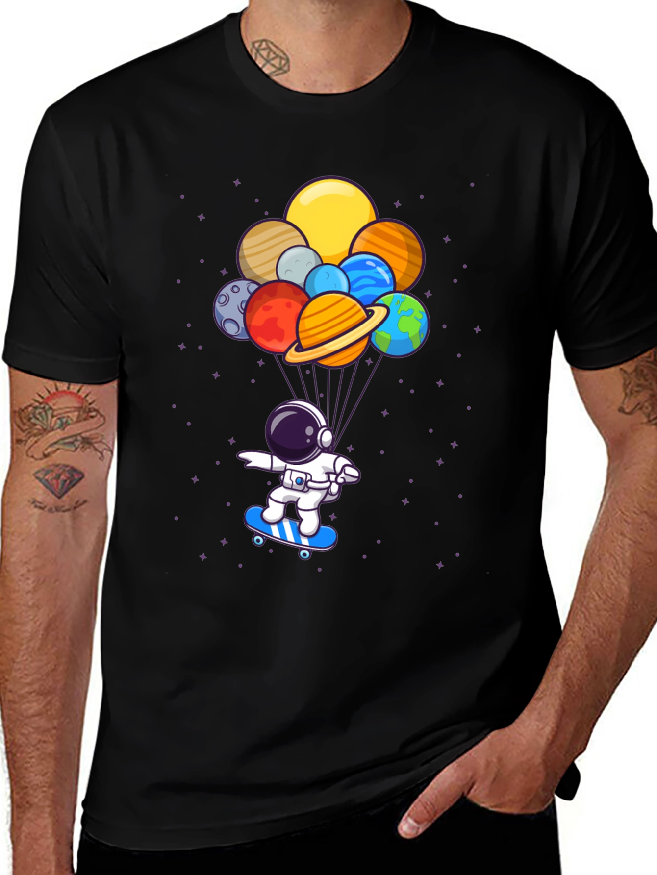 Astronaut Skateboard T-Shirt - Planets Balloon