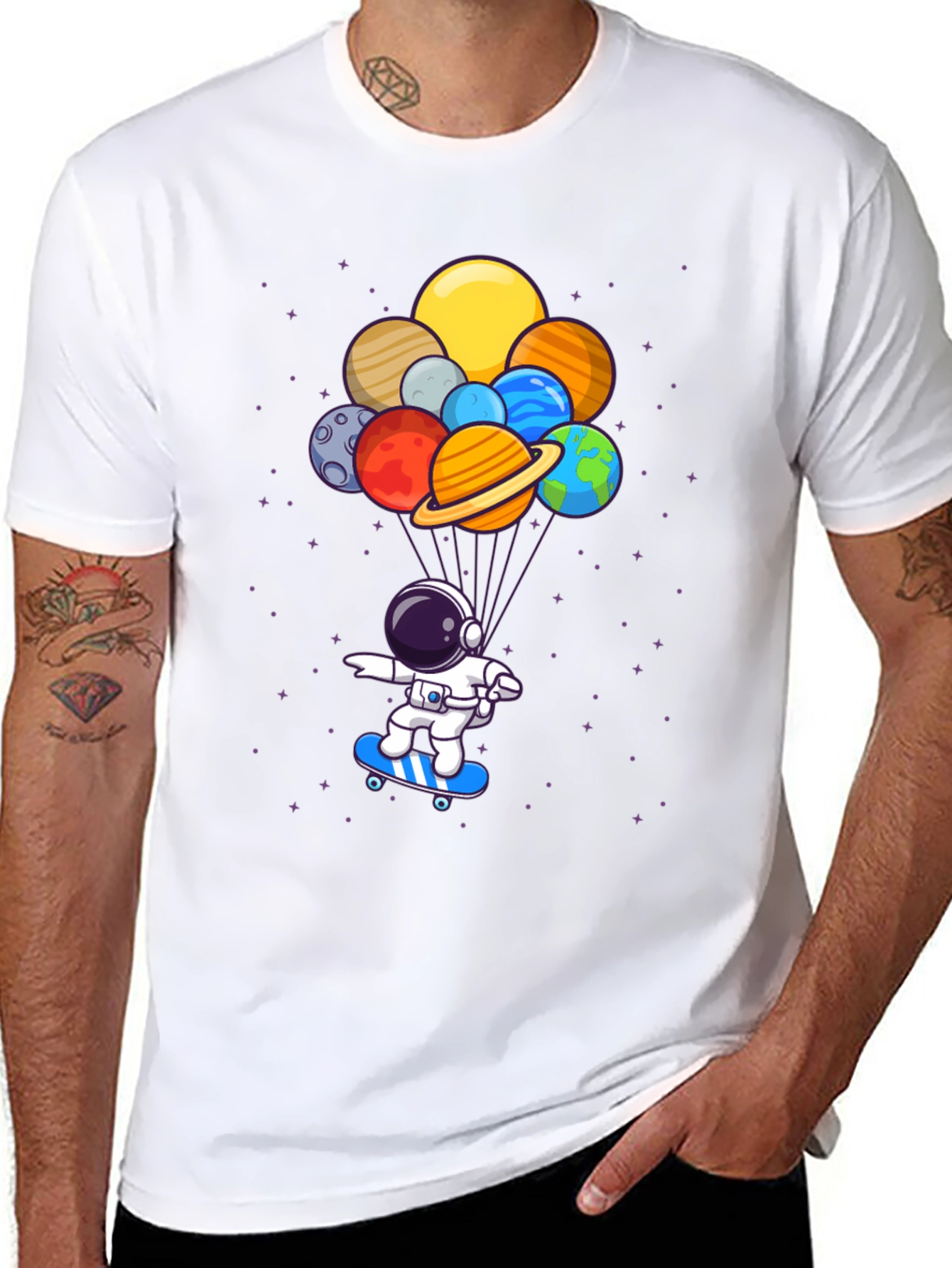 Astronaut Skateboard T-Shirt - Planets Balloon