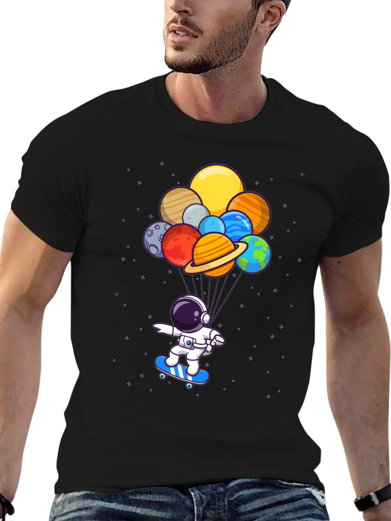 Astronaut Skateboard T-Shirt - Planets Balloon