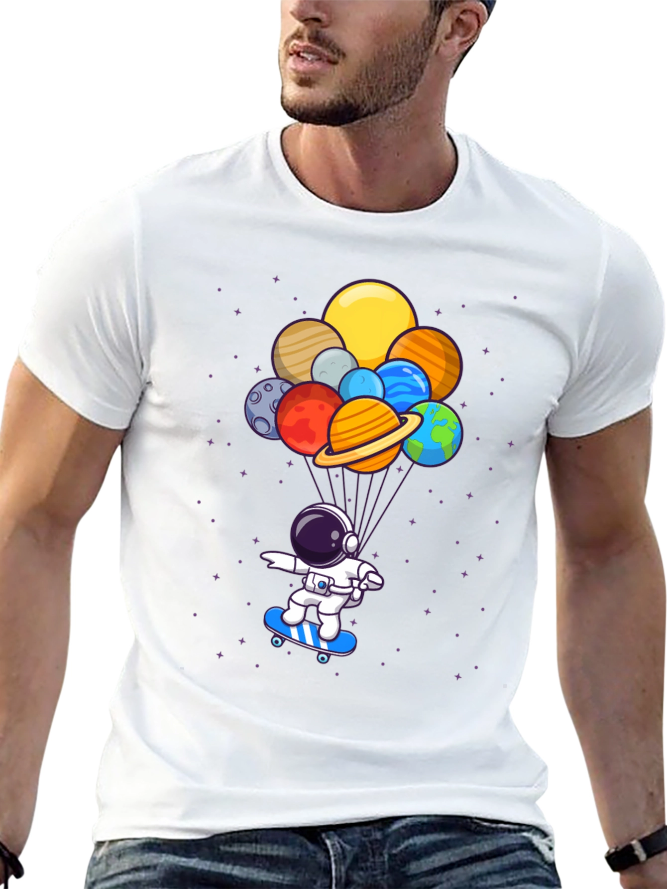 Astronaut Skateboard T-Shirt - Planets Balloon