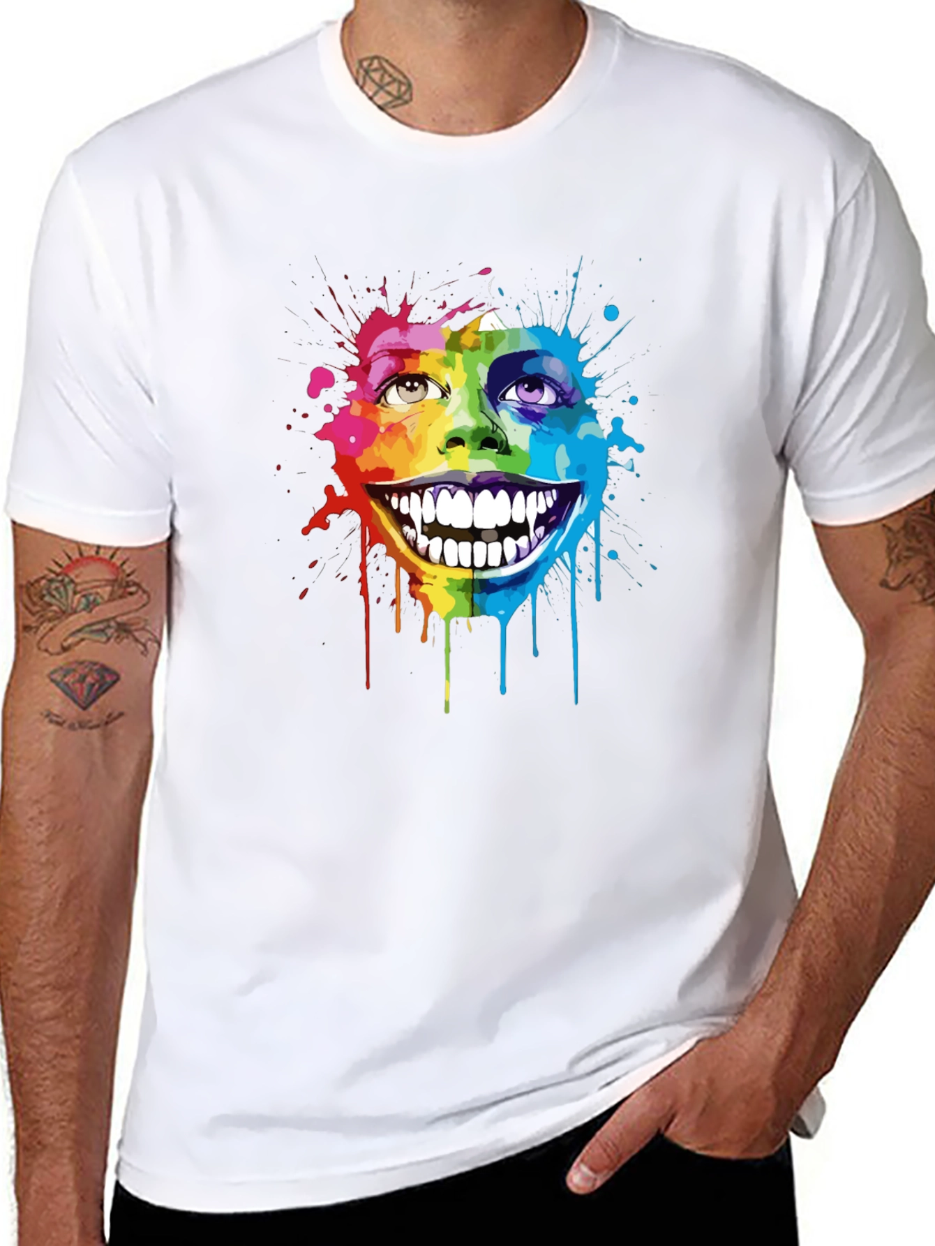 Rainbow Splatter Face Graphic T-Shirt - Unique Art Tee