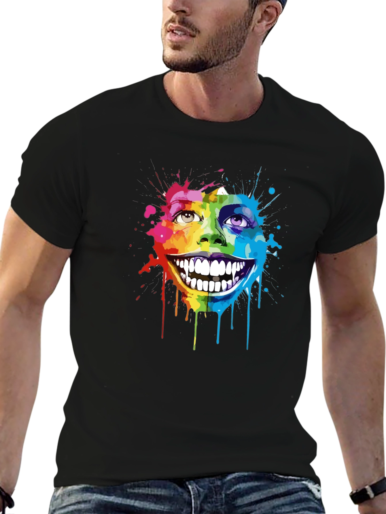 Rainbow Splatter Face Graphic T-Shirt - Unique Art Tee