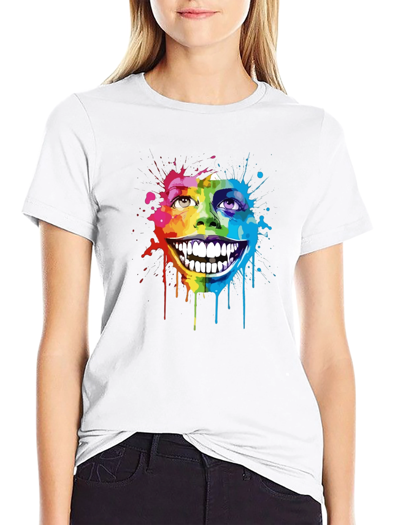 Rainbow Splatter Face Graphic T-Shirt - Unique Art Tee