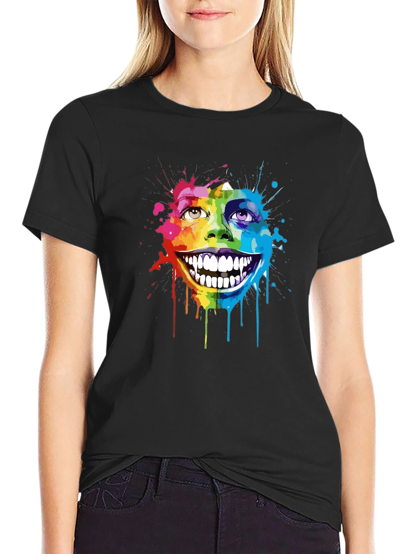 Rainbow Splatter Face Graphic T-Shirt - Unique Art Tee