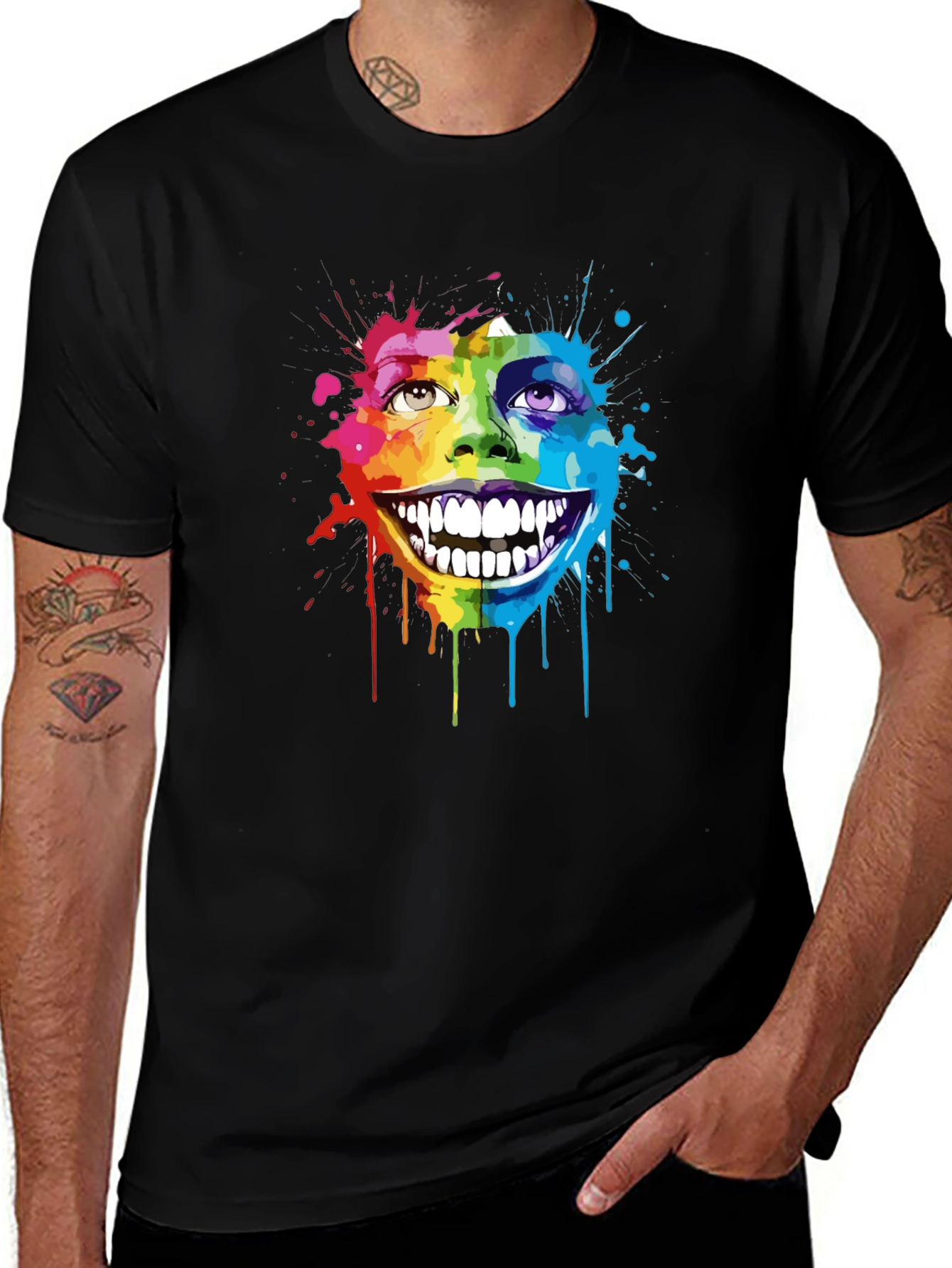 Rainbow Splatter Face Graphic T-Shirt - Unique Art Tee