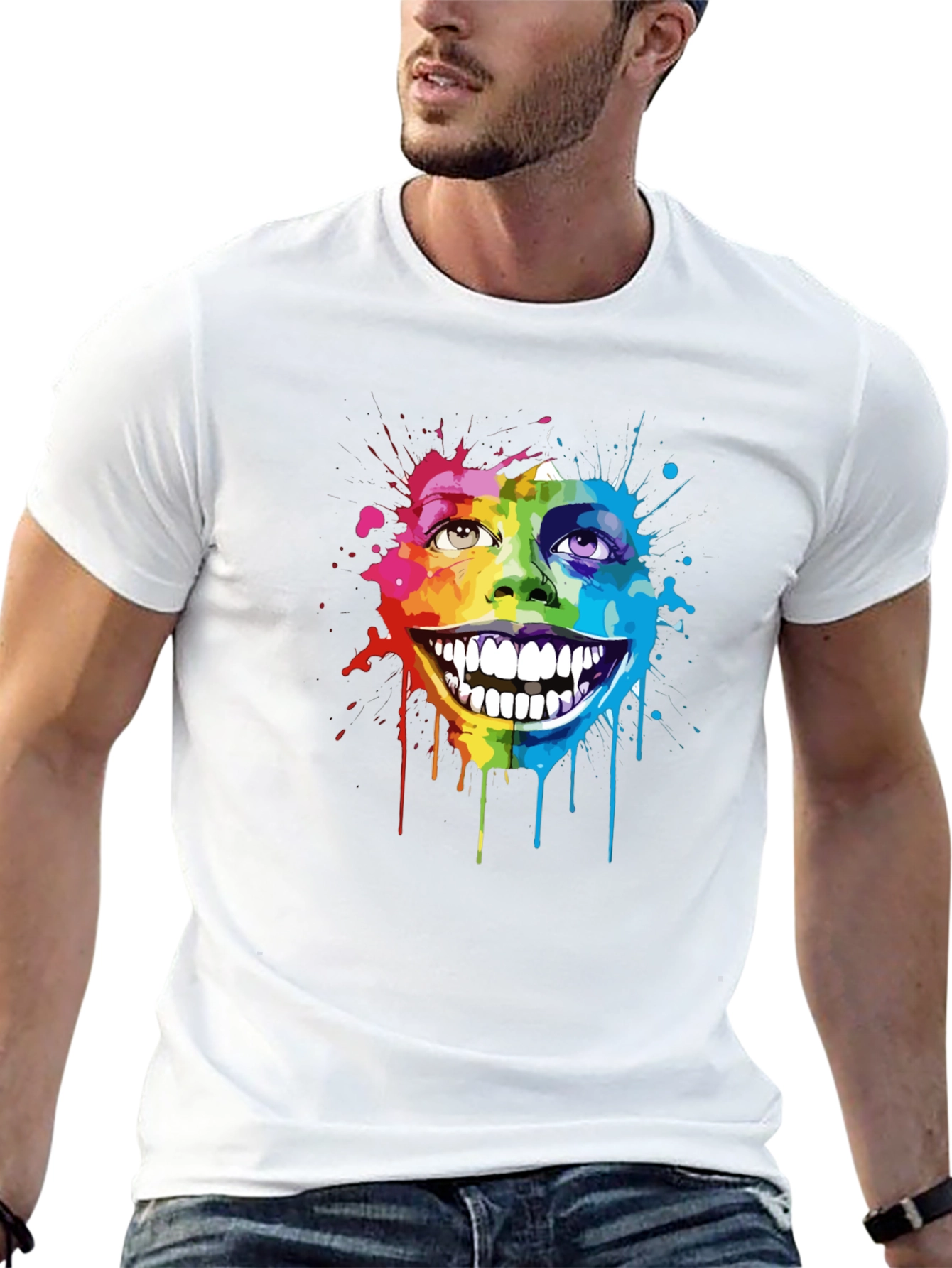 Rainbow Splatter Face Graphic T-Shirt - Unique Art Tee