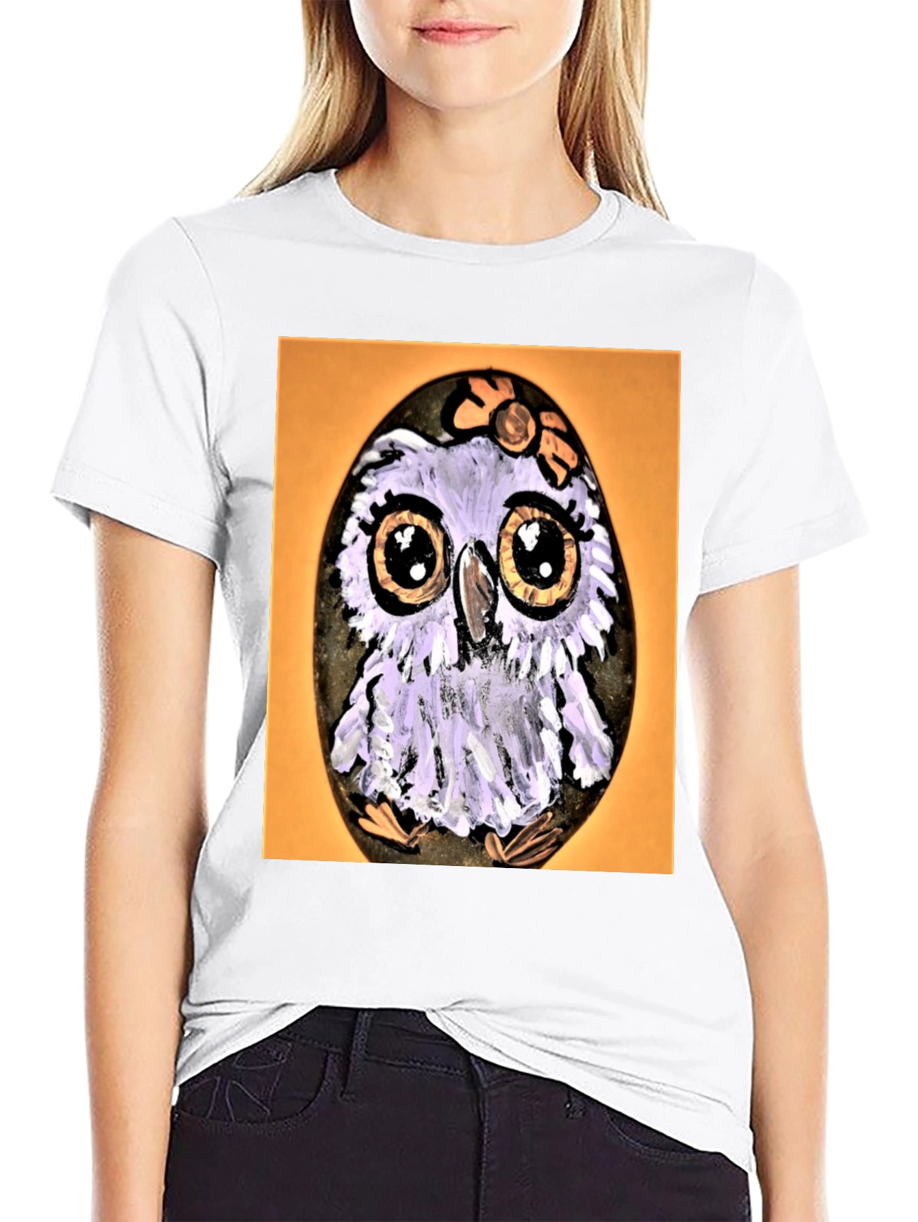 Painted Owl Rock on Black T-Shirt