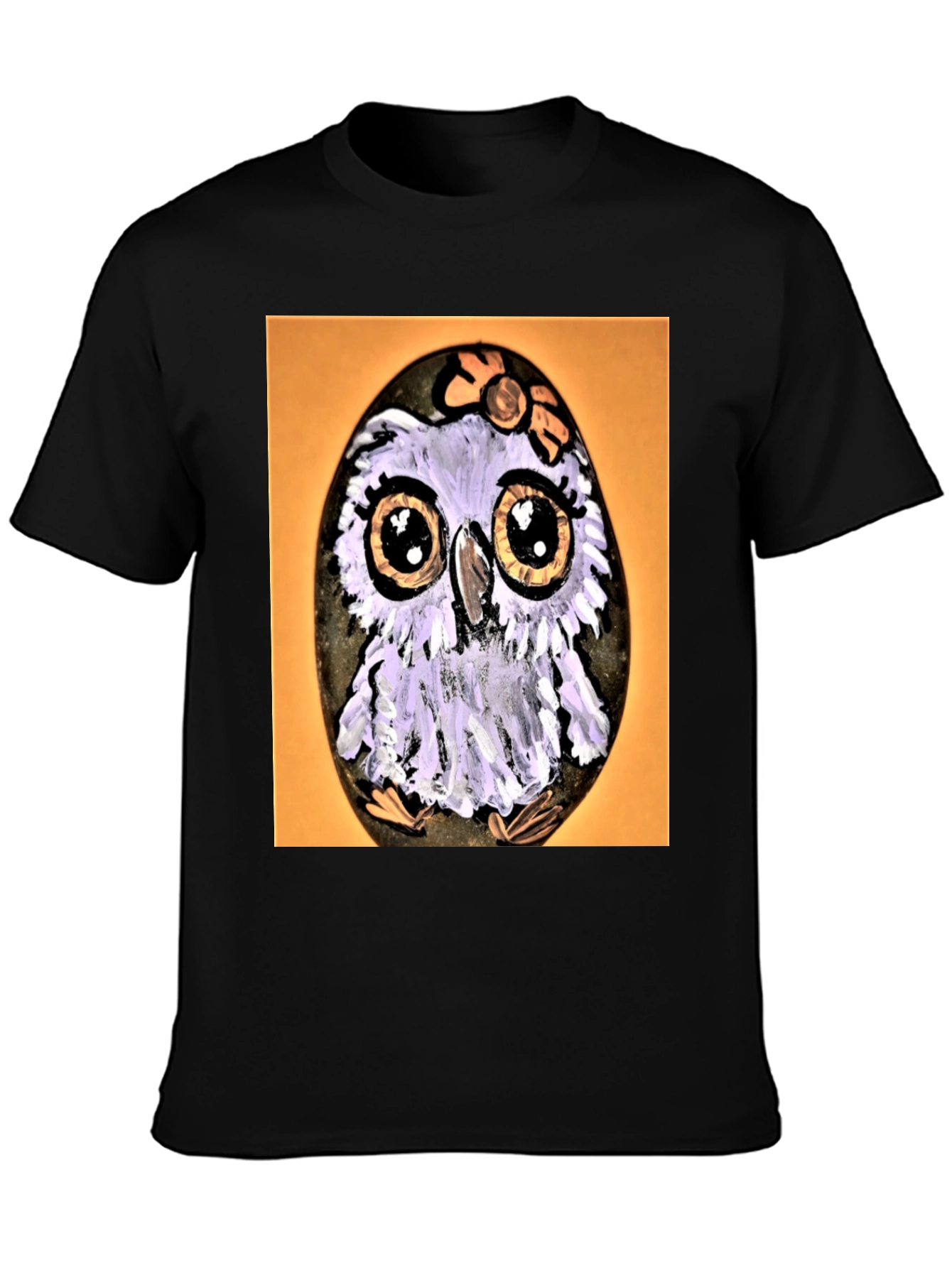 Painted Owl Rock on Black T-Shirt