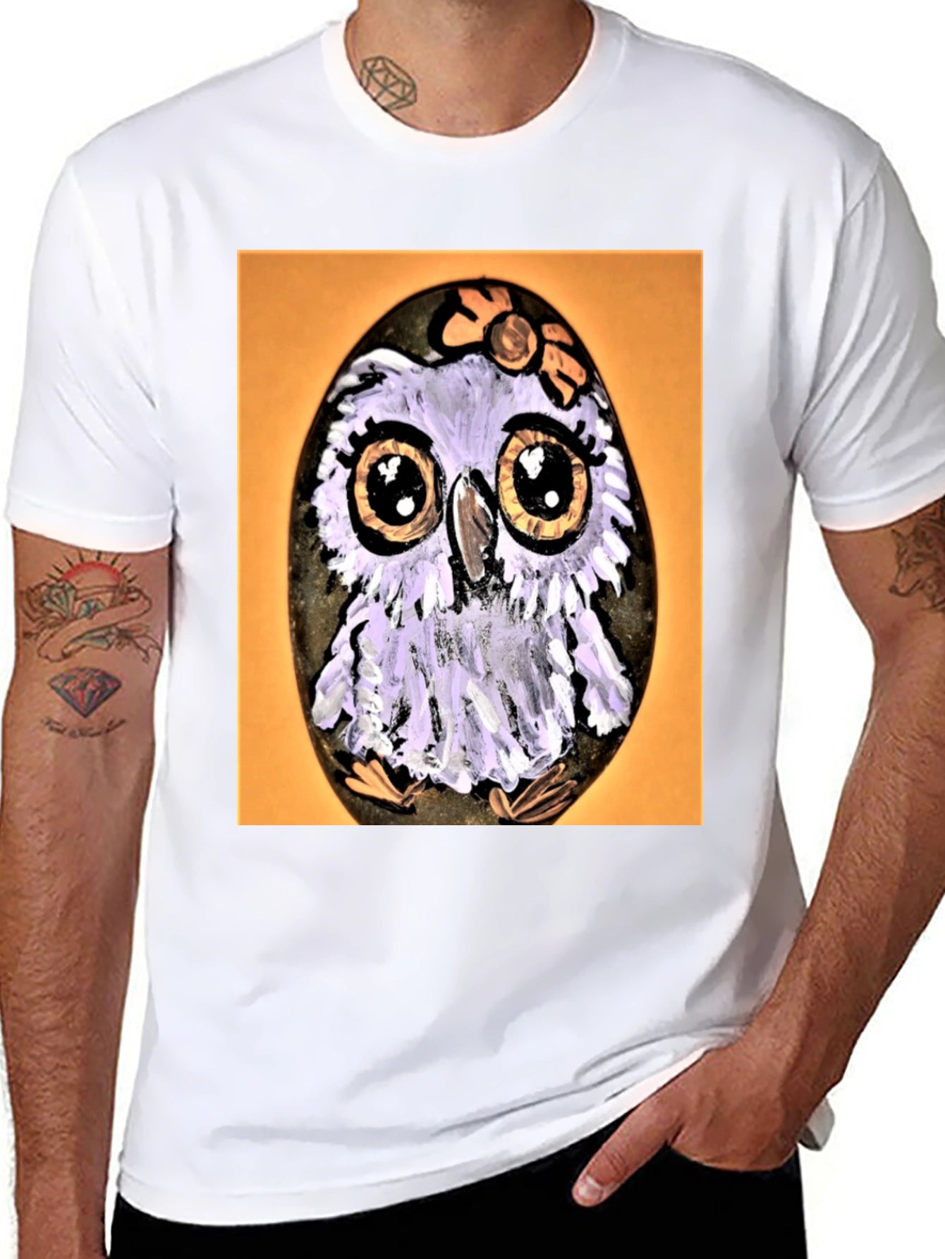 Painted Owl Rock on Black T-Shirt