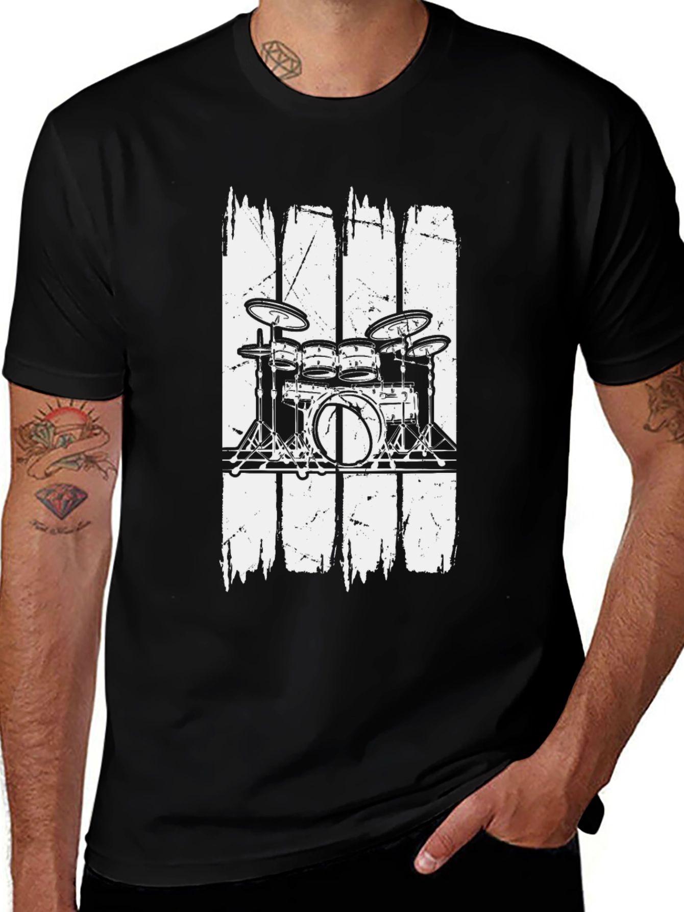 Drum Set Graphic T-Shirt Black Cotton Blend