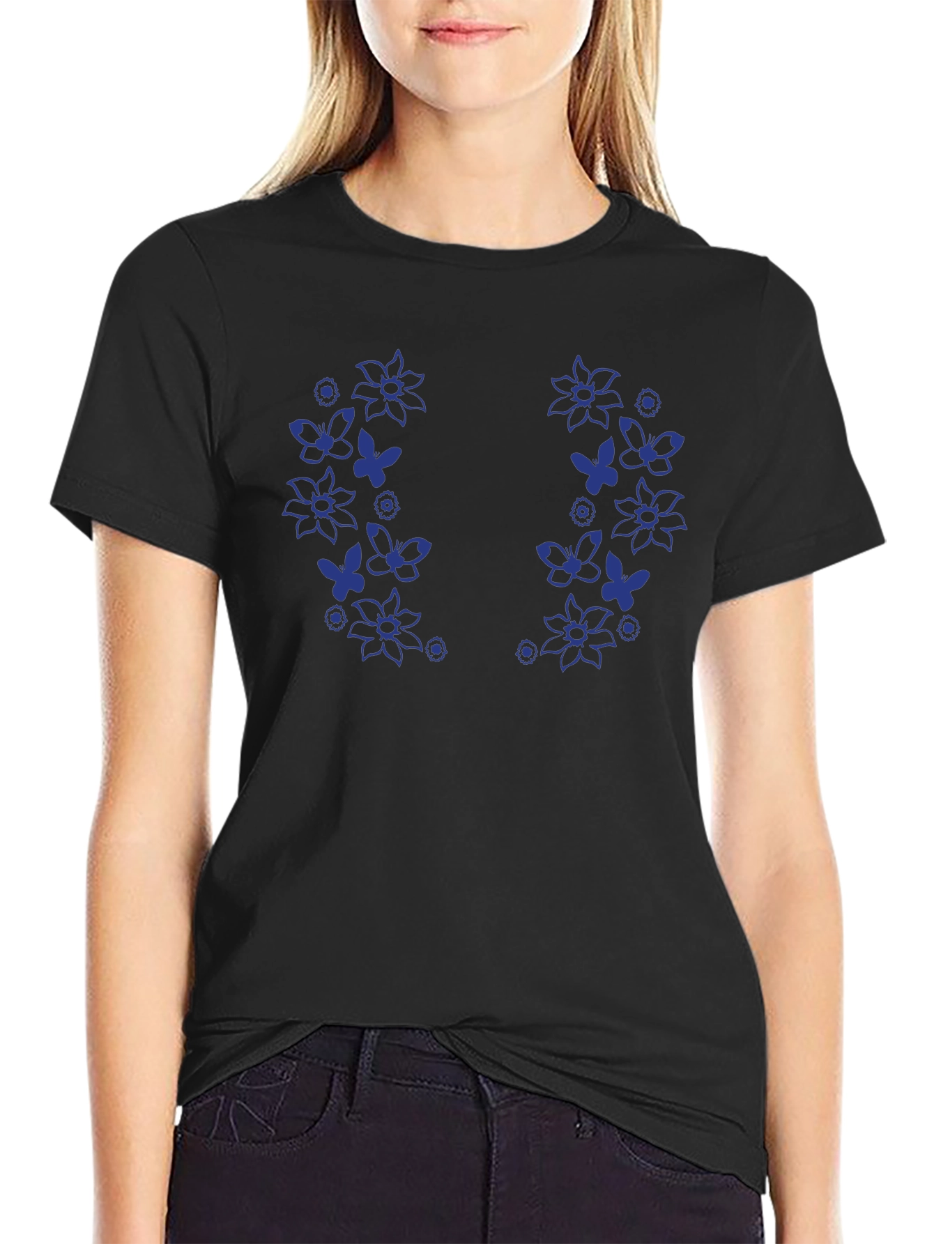 Floral Butterfly Graphic Black T-Shirt