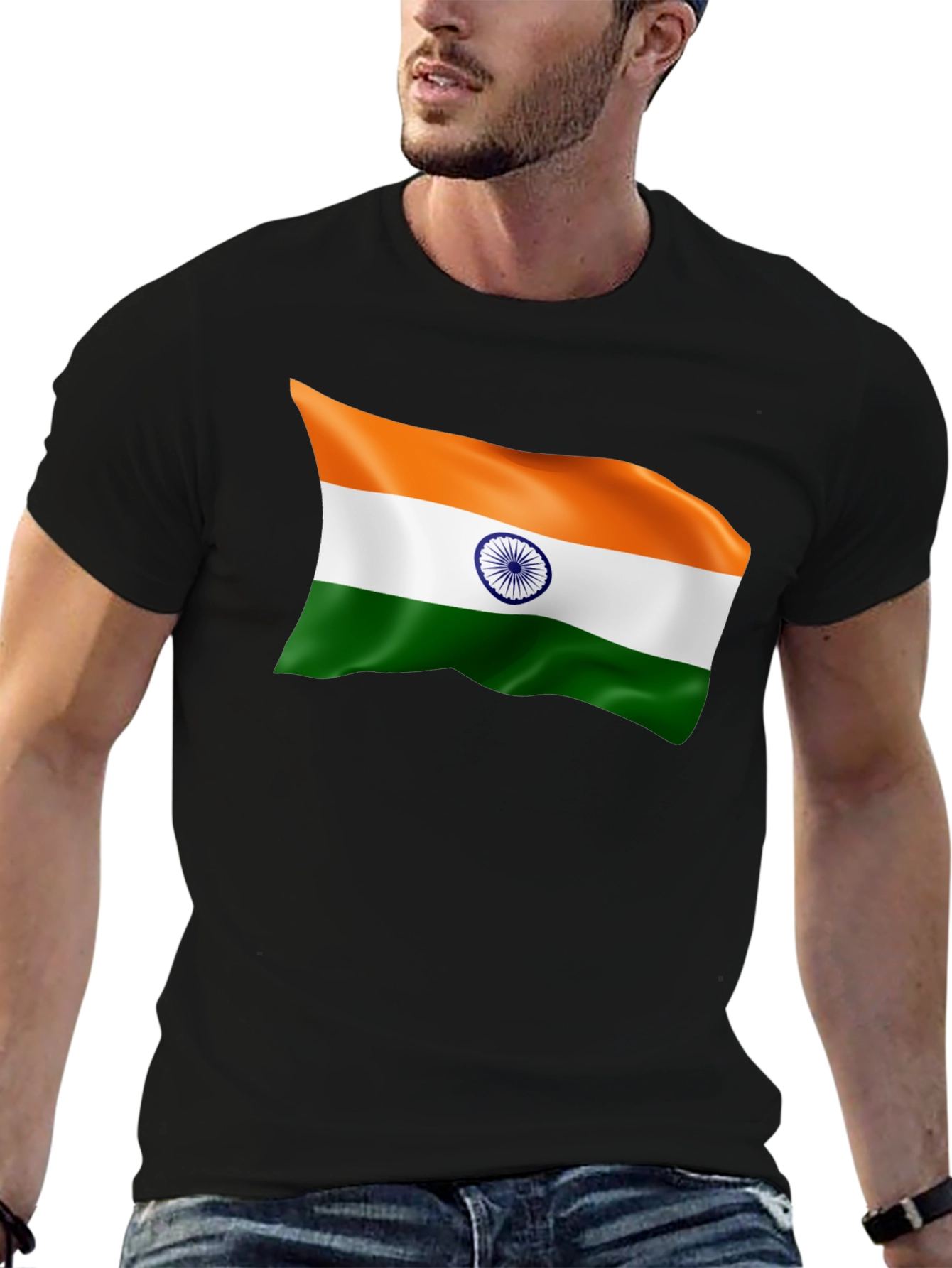 India Flag Graphic Tee - Black Cotton T-Shirt