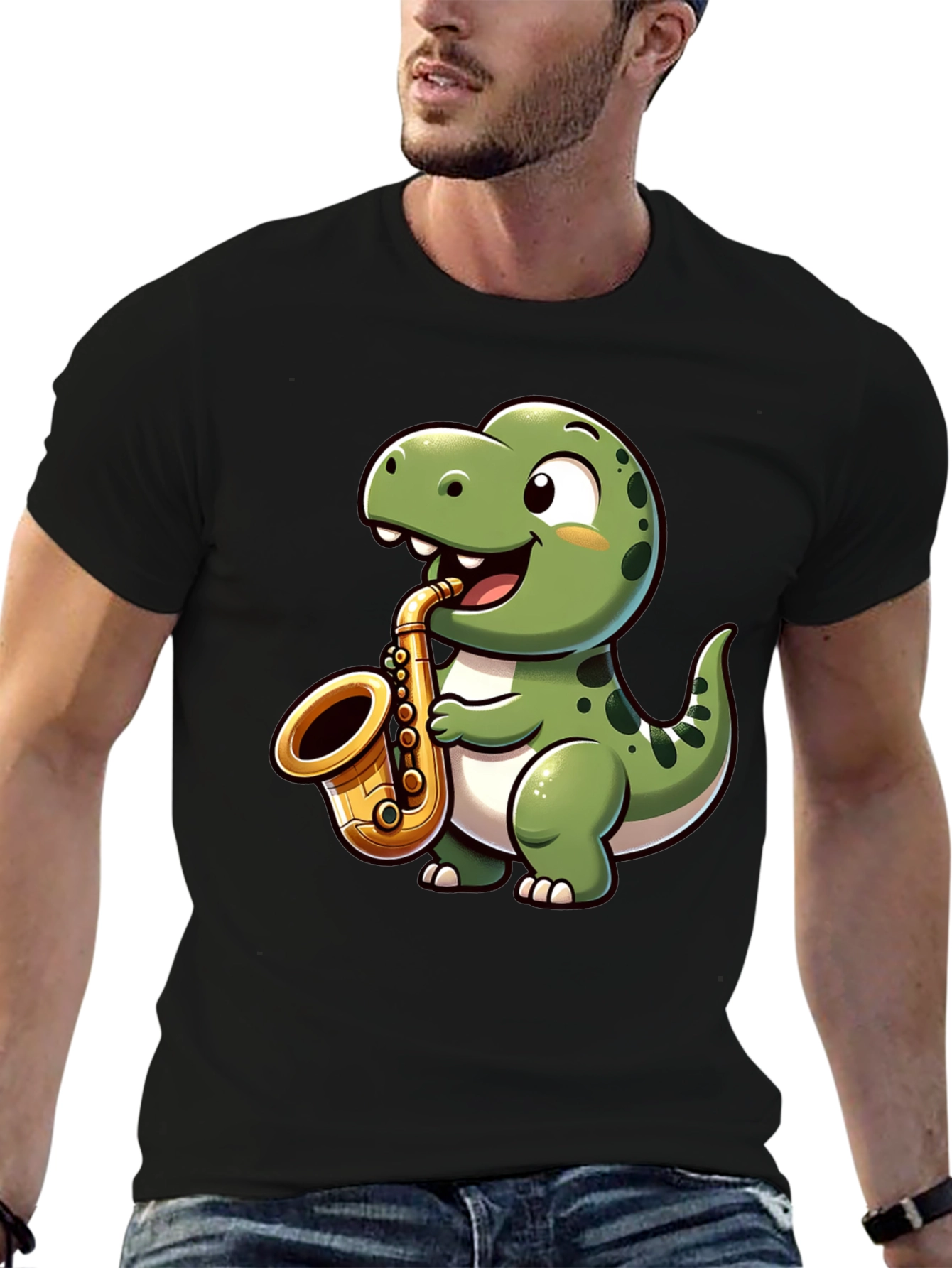 Dino Sax T-Shirt - Cartoon Dinosaur Playing Saxophone