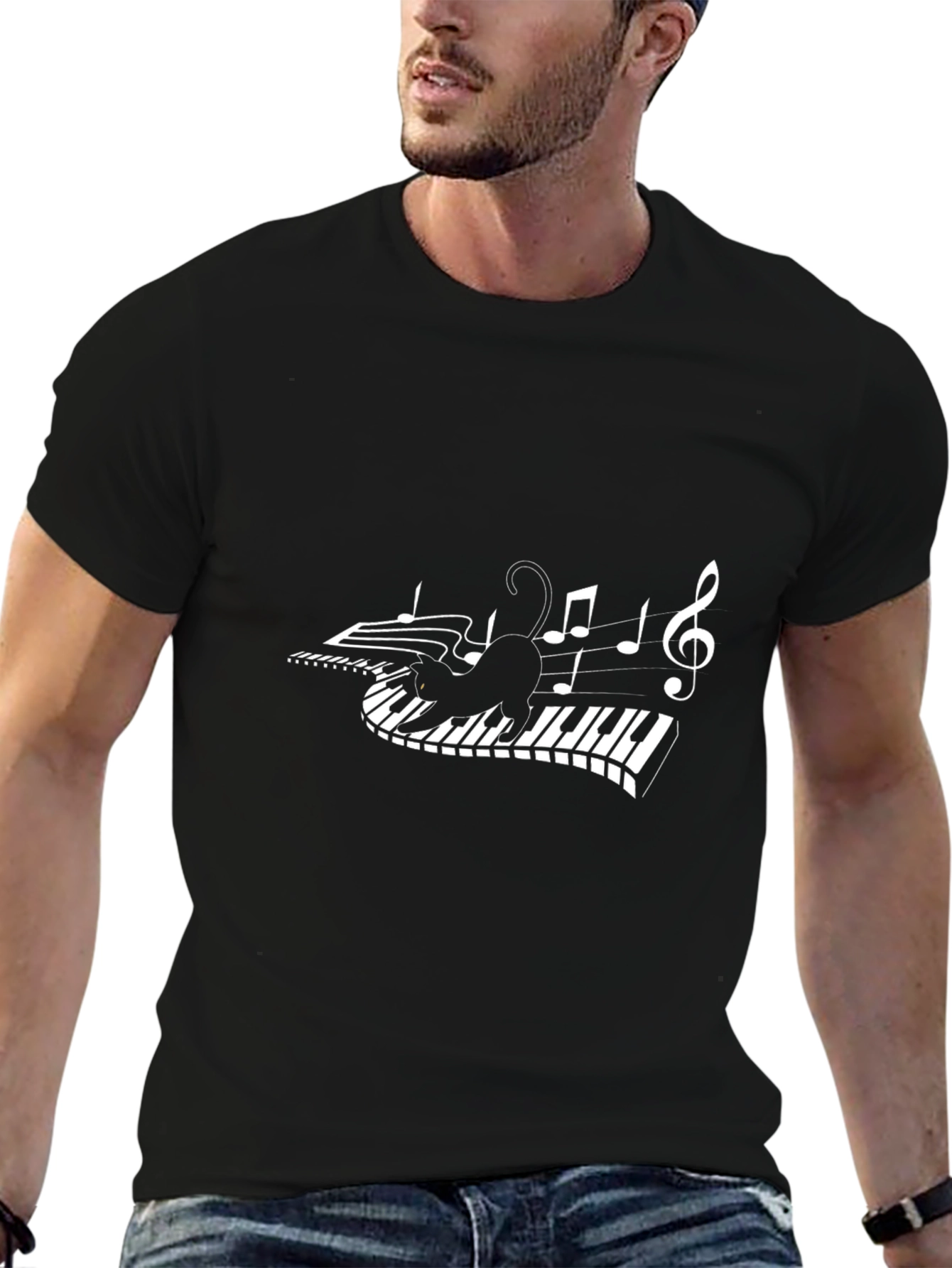Musical Cat T-Shirt - Piano Keys & Notes Design